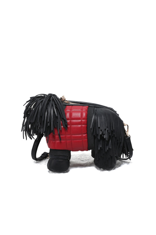 Dog-Shaped Crossbody Bag with Fringe Detail and Zip Closure