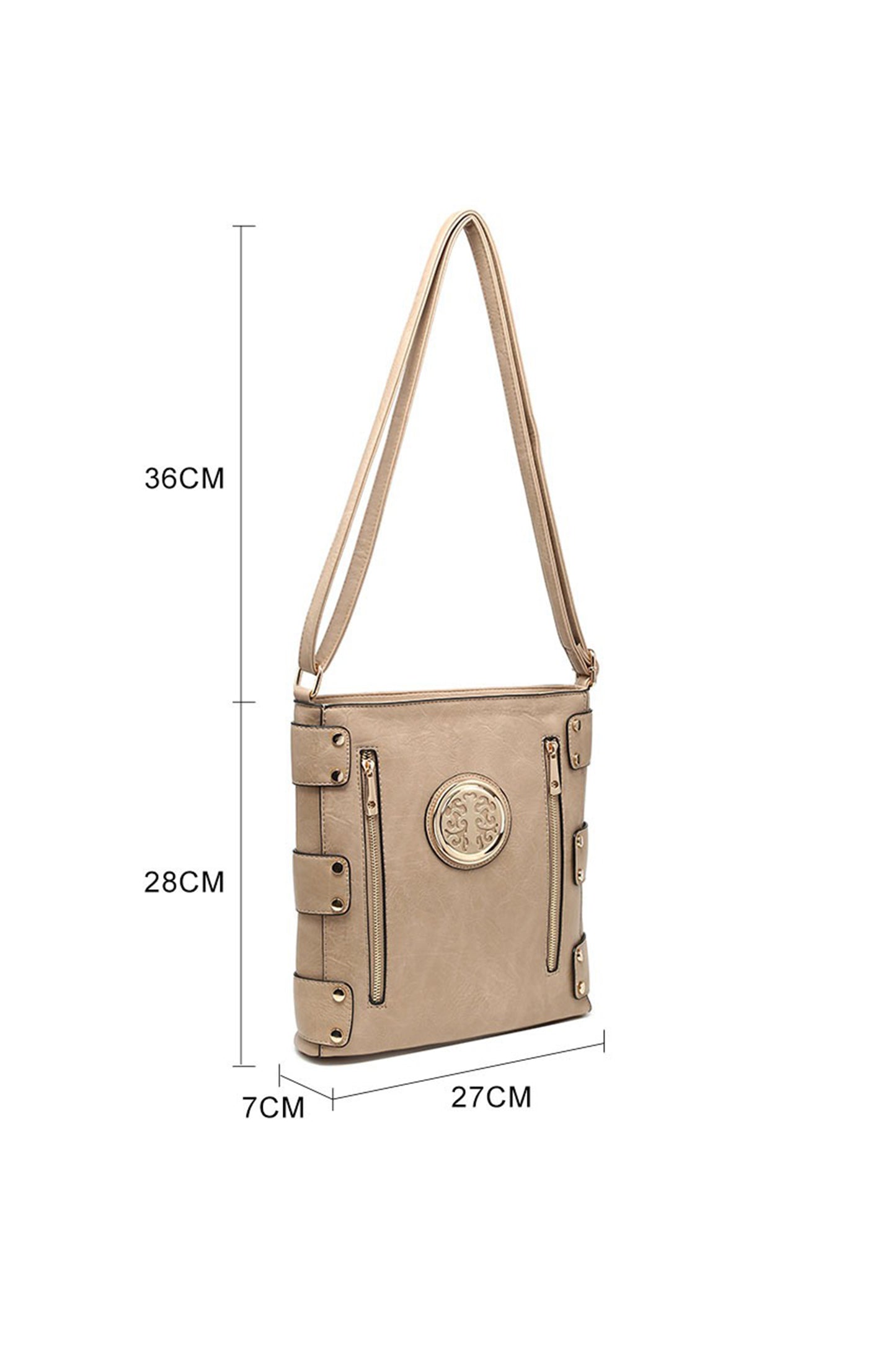 Round Emblem Crossbody Bag with Zip Closure and Multi Pocket