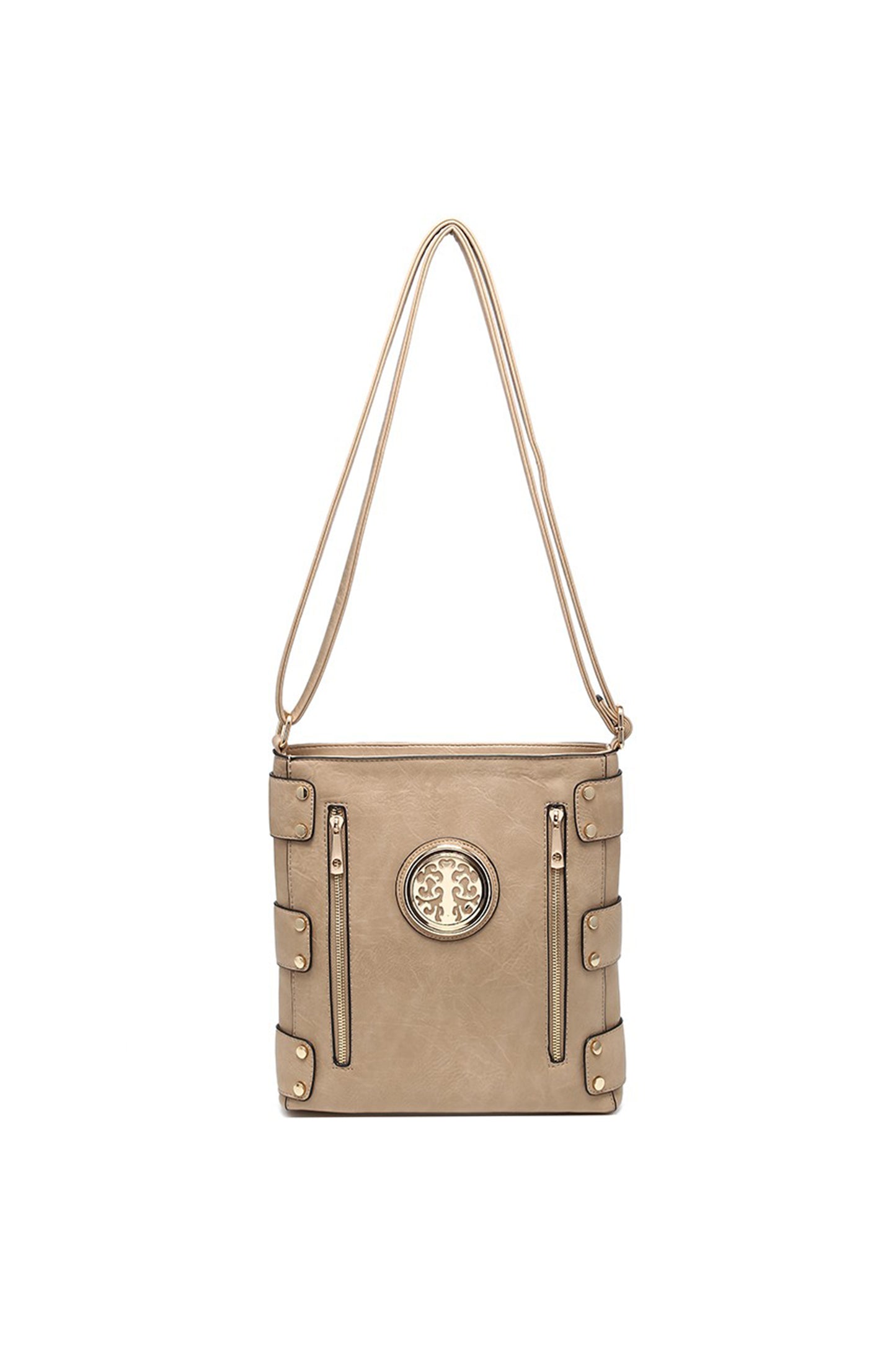 Round Emblem Crossbody Bag with Zip Closure and Multi Pocket