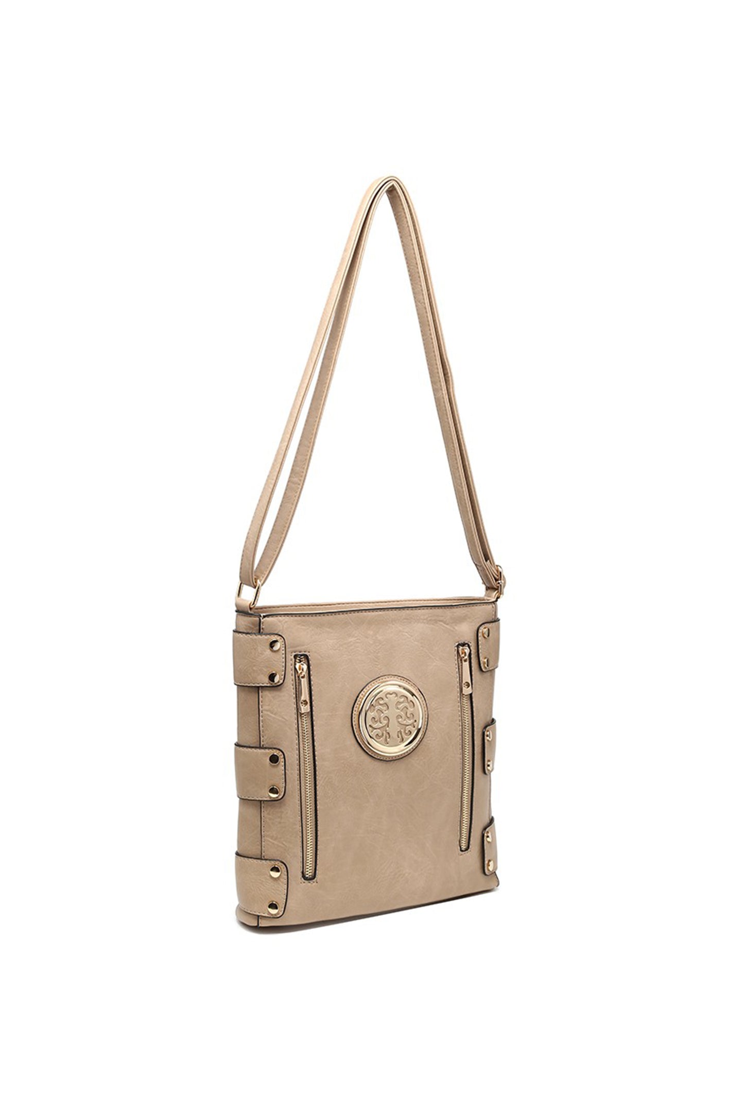Round Emblem Crossbody Bag with Zip Closure and Multi Pocket
