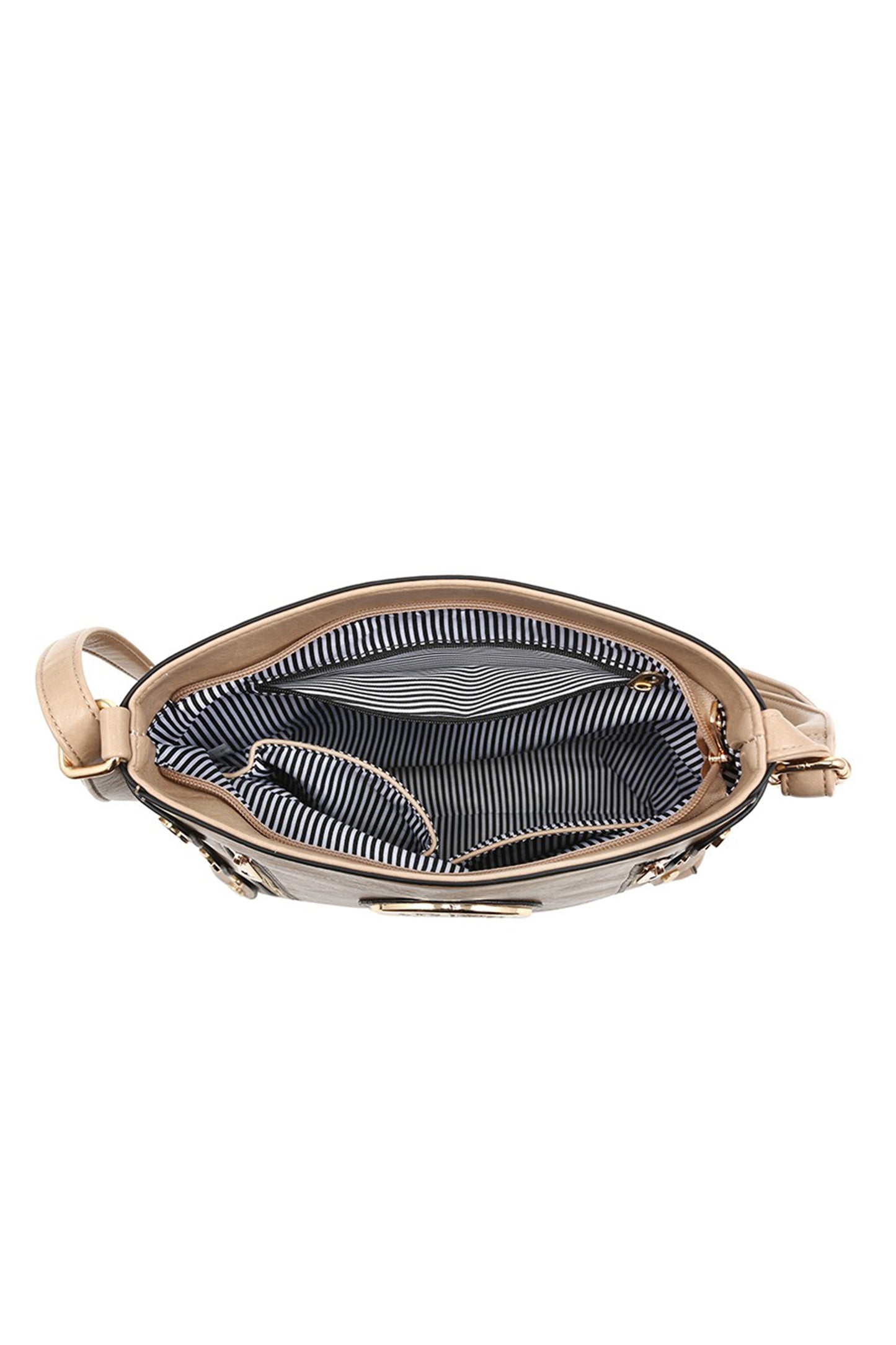 Round Emblem Crossbody Bag with Zip Closure and Multi Pocket