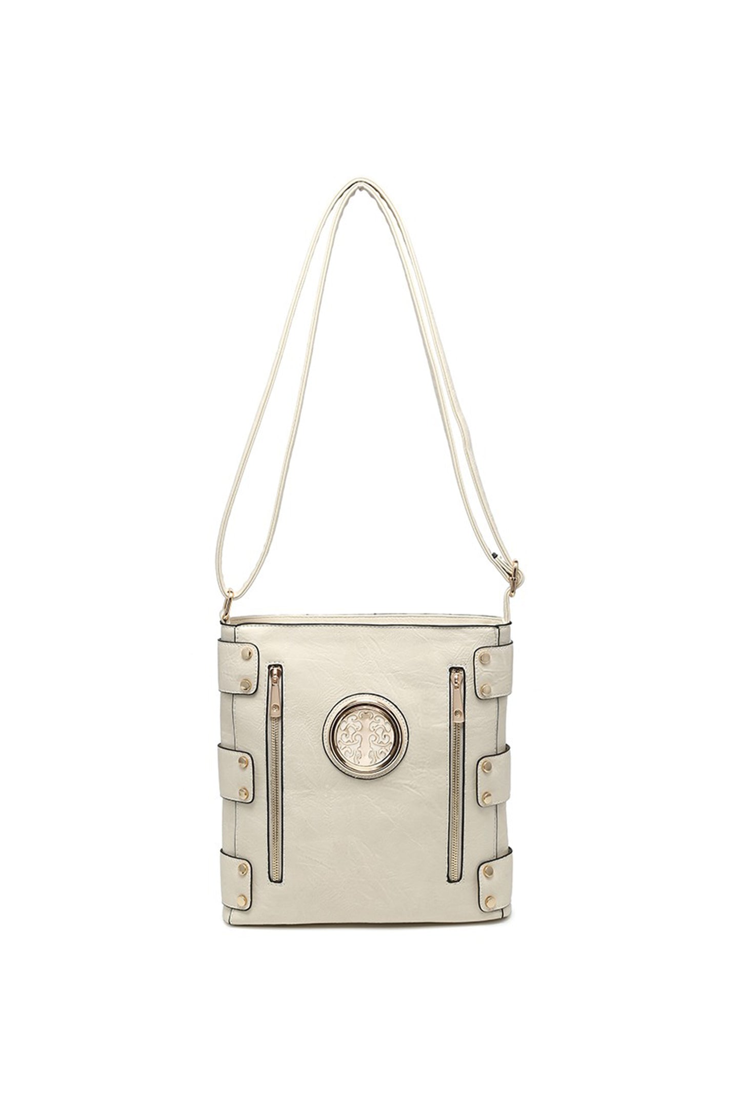 Round Emblem Crossbody Bag with Zip Closure and Multi Pocket