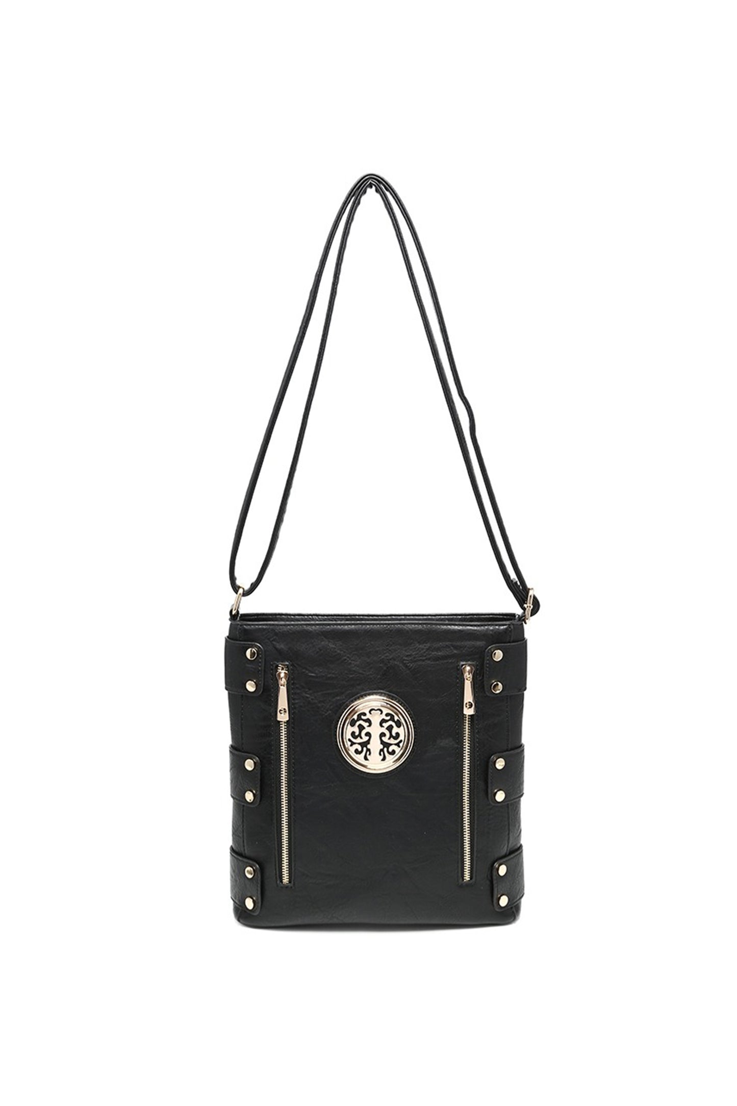 Round Emblem Crossbody Bag with Zip Closure and Multi Pocket