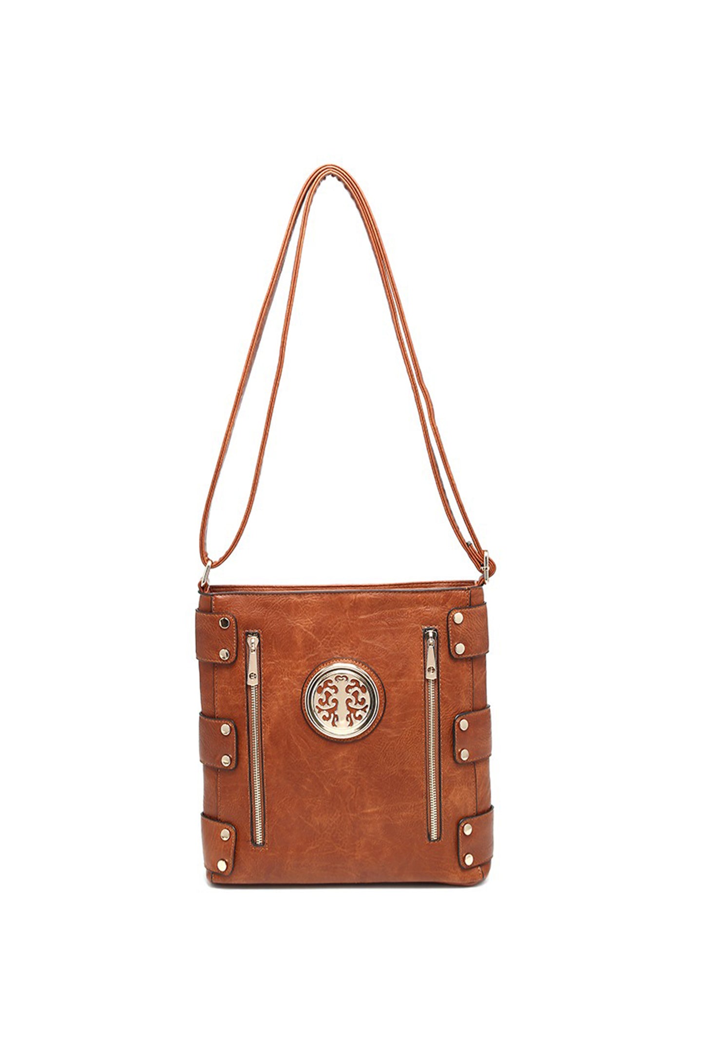 Round Emblem Crossbody Bag with Zip Closure and Multi Pocket