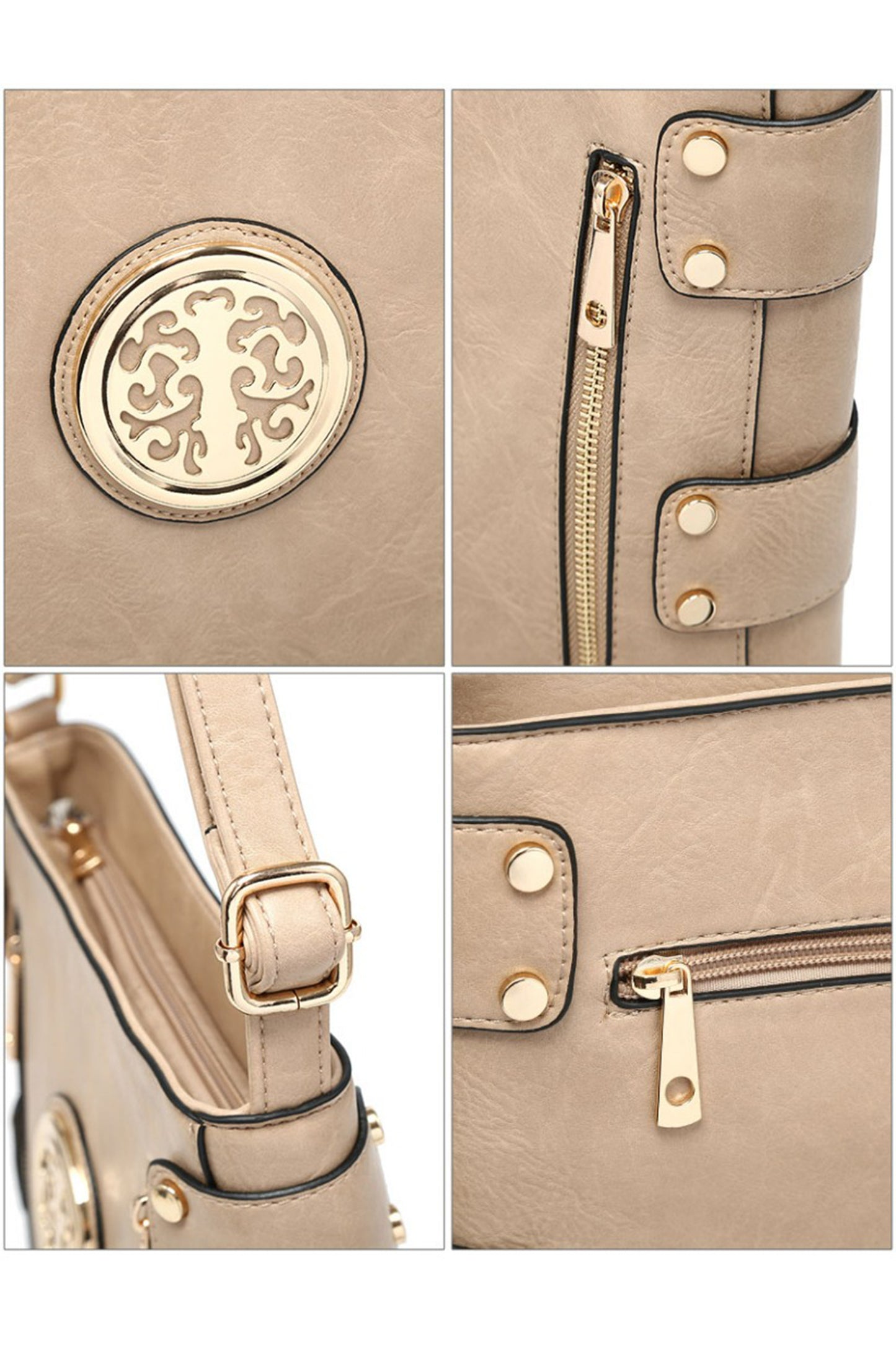 Round Emblem Crossbody Bag with Zip Closure and Multi Pocket