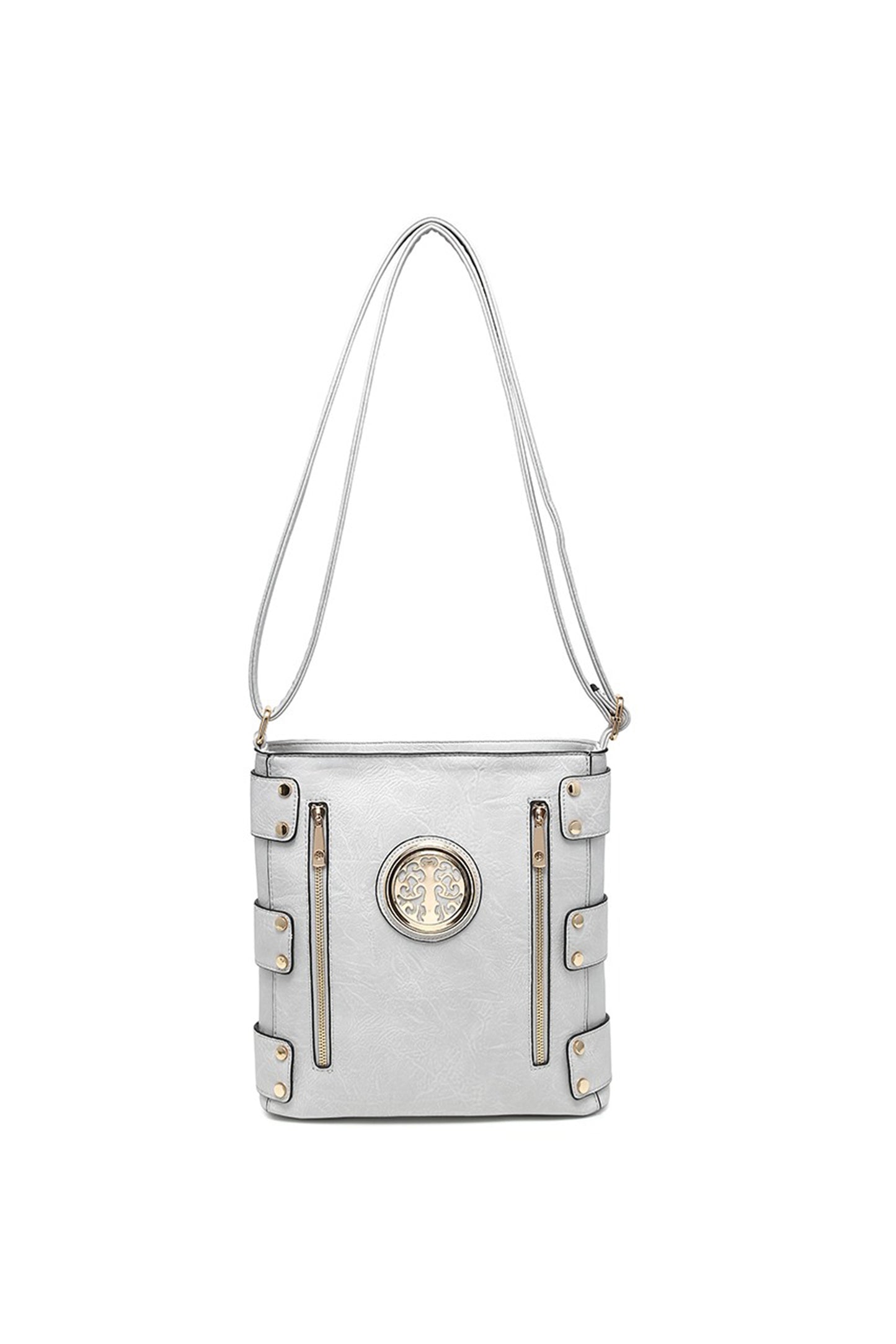 Round Emblem Crossbody Bag with Zip Closure and Multi Pocket