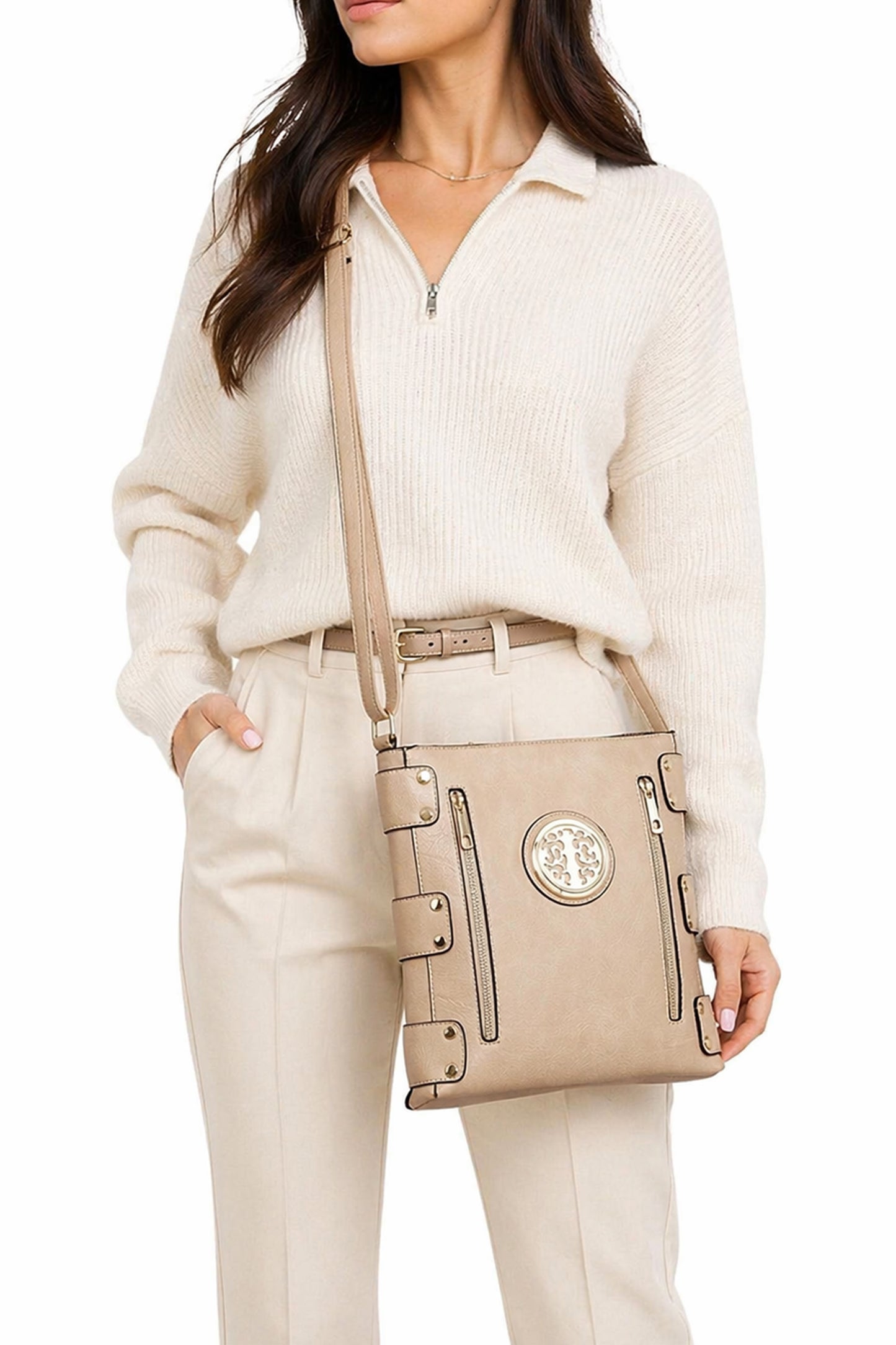 Round Emblem Crossbody Bag with Zip Closure and Multi Pocket