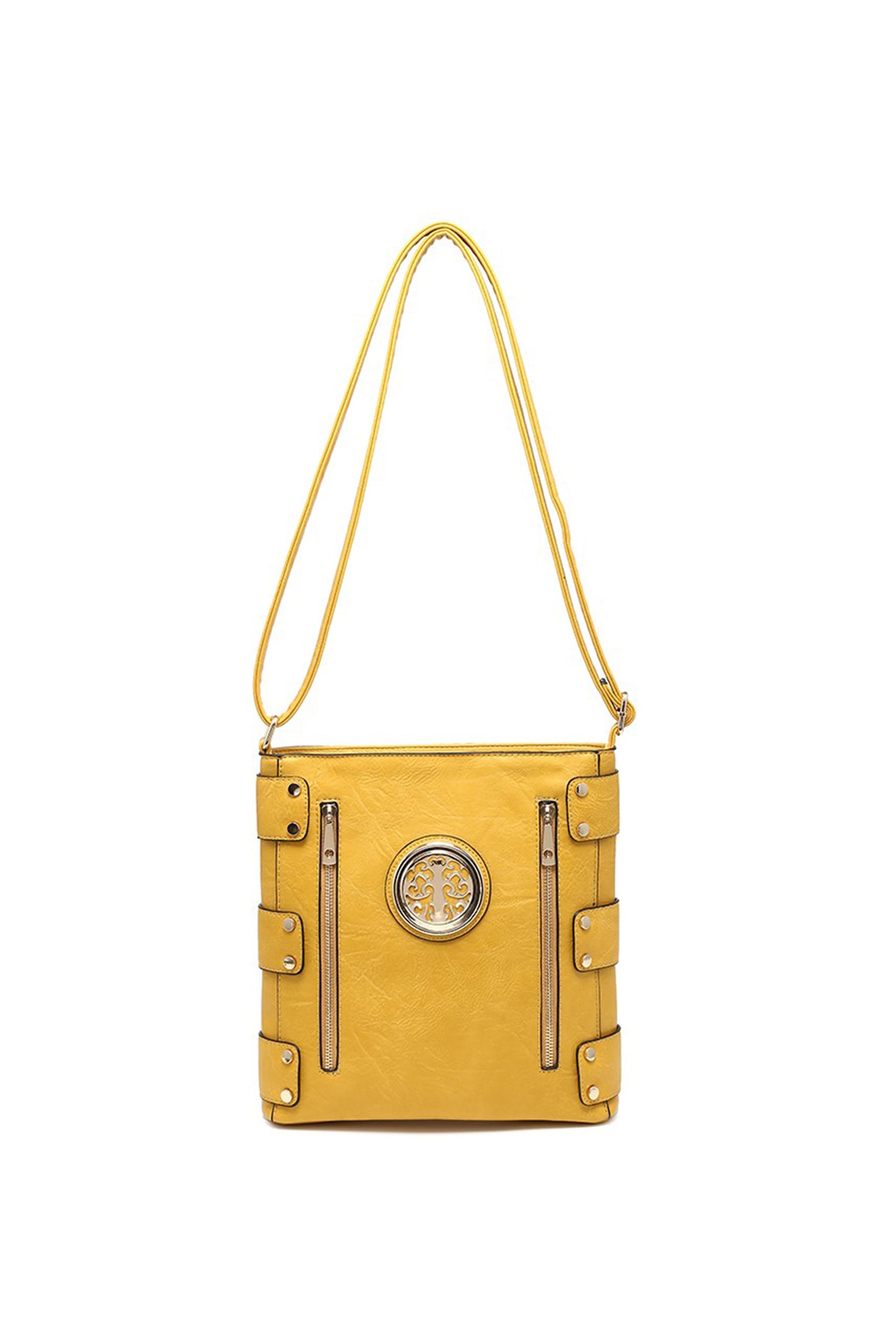 Round Emblem Crossbody Bag with Zip Closure and Multi Pocket