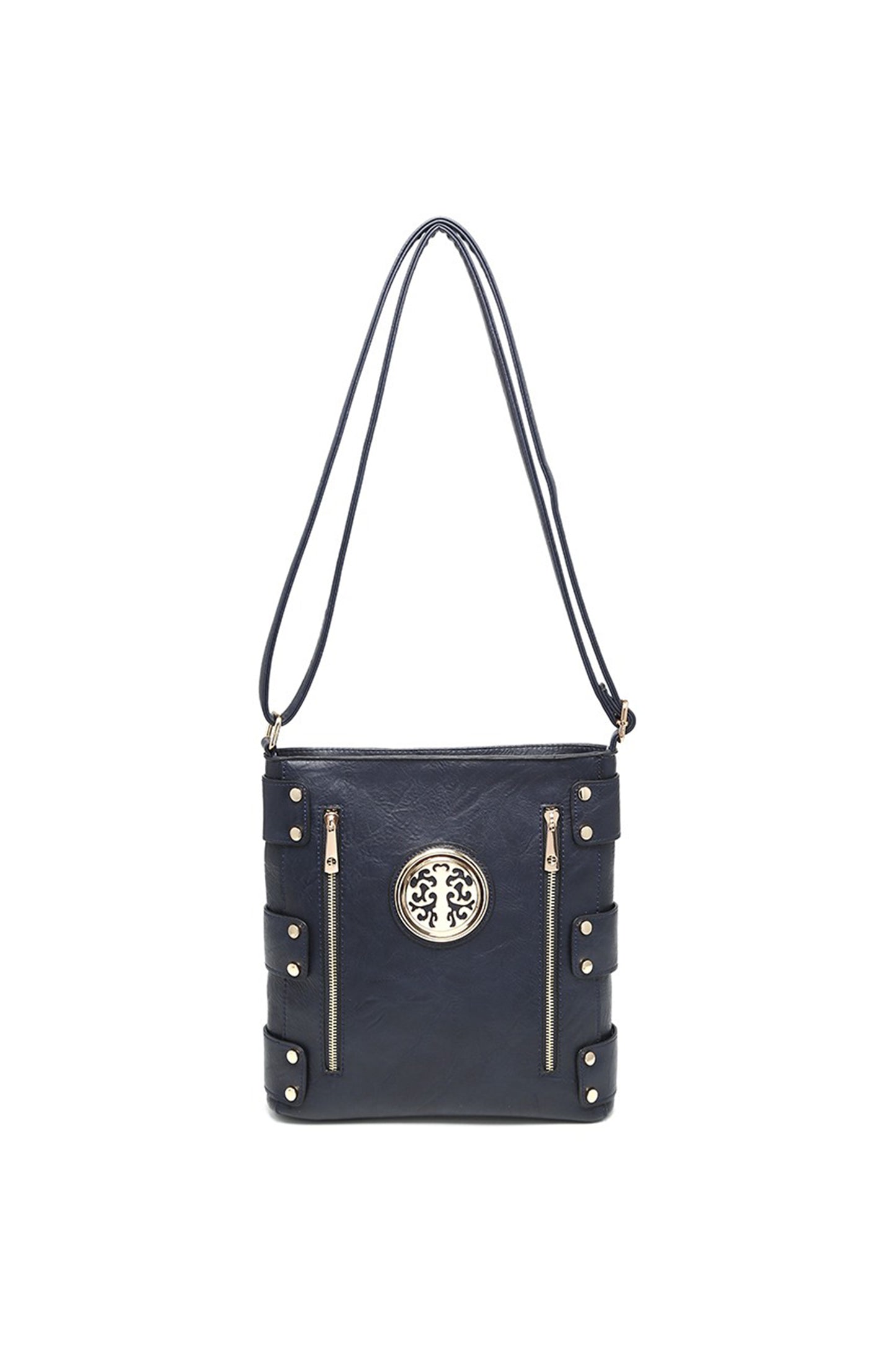 Round Emblem Crossbody Bag with Zip Closure and Multi Pocket