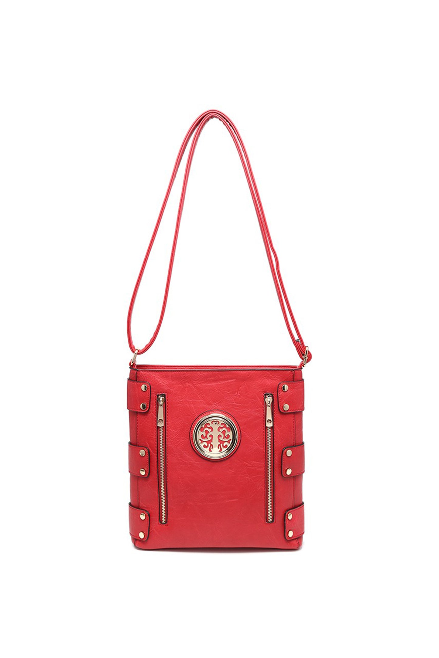 Round Emblem Crossbody Bag with Zip Closure and Multi Pocket