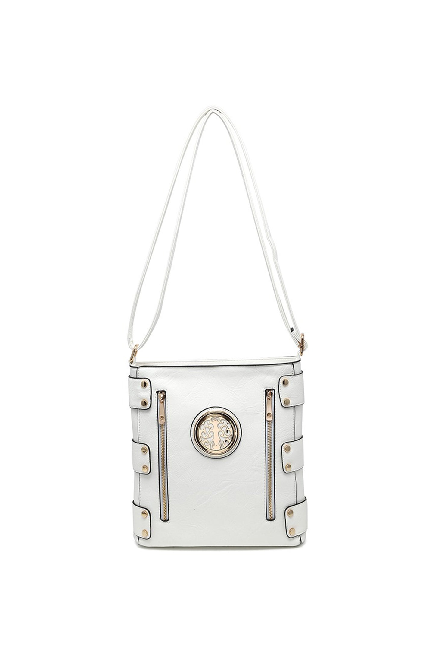 Round Emblem Crossbody Bag with Zip Closure and Multi Pocket