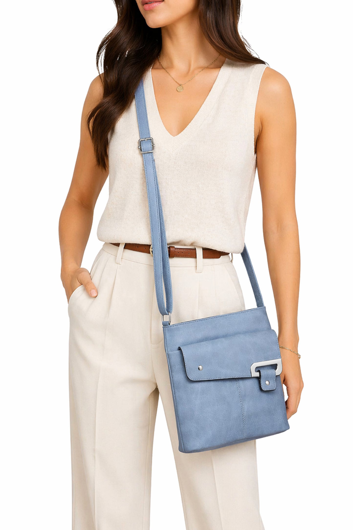 Flap Crossbody Bag with Metal Lock and Zip Pocket