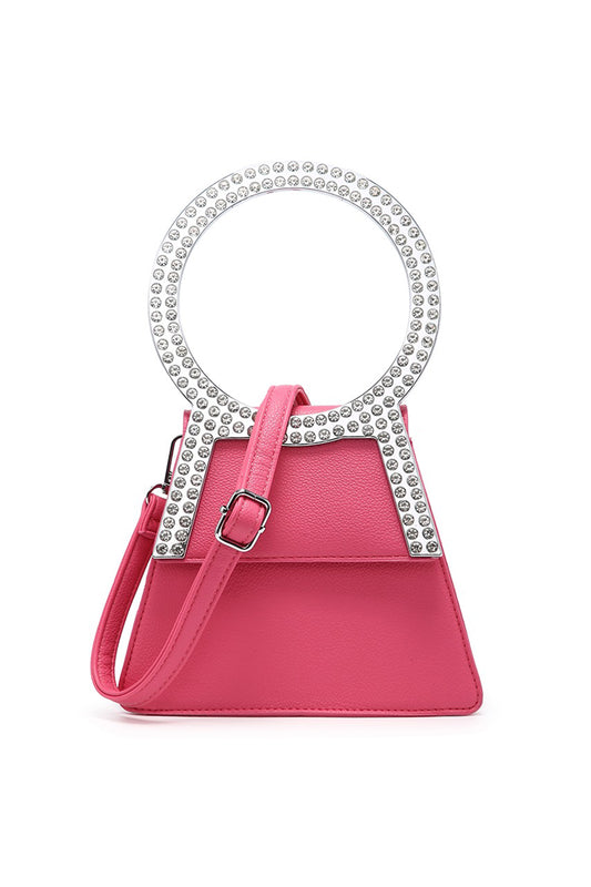 Rhinestone Round Handle Mini Bag with Magnetic Flap Closure