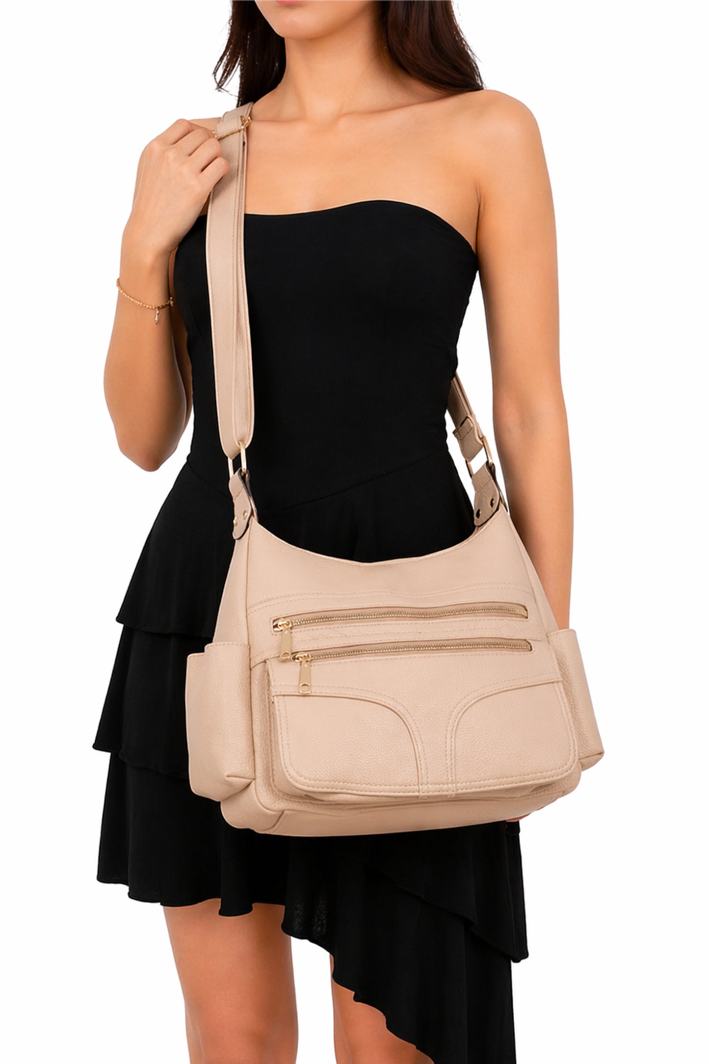 Multi Pocket Crossbody Bag with Zip Closure and Wide Strap