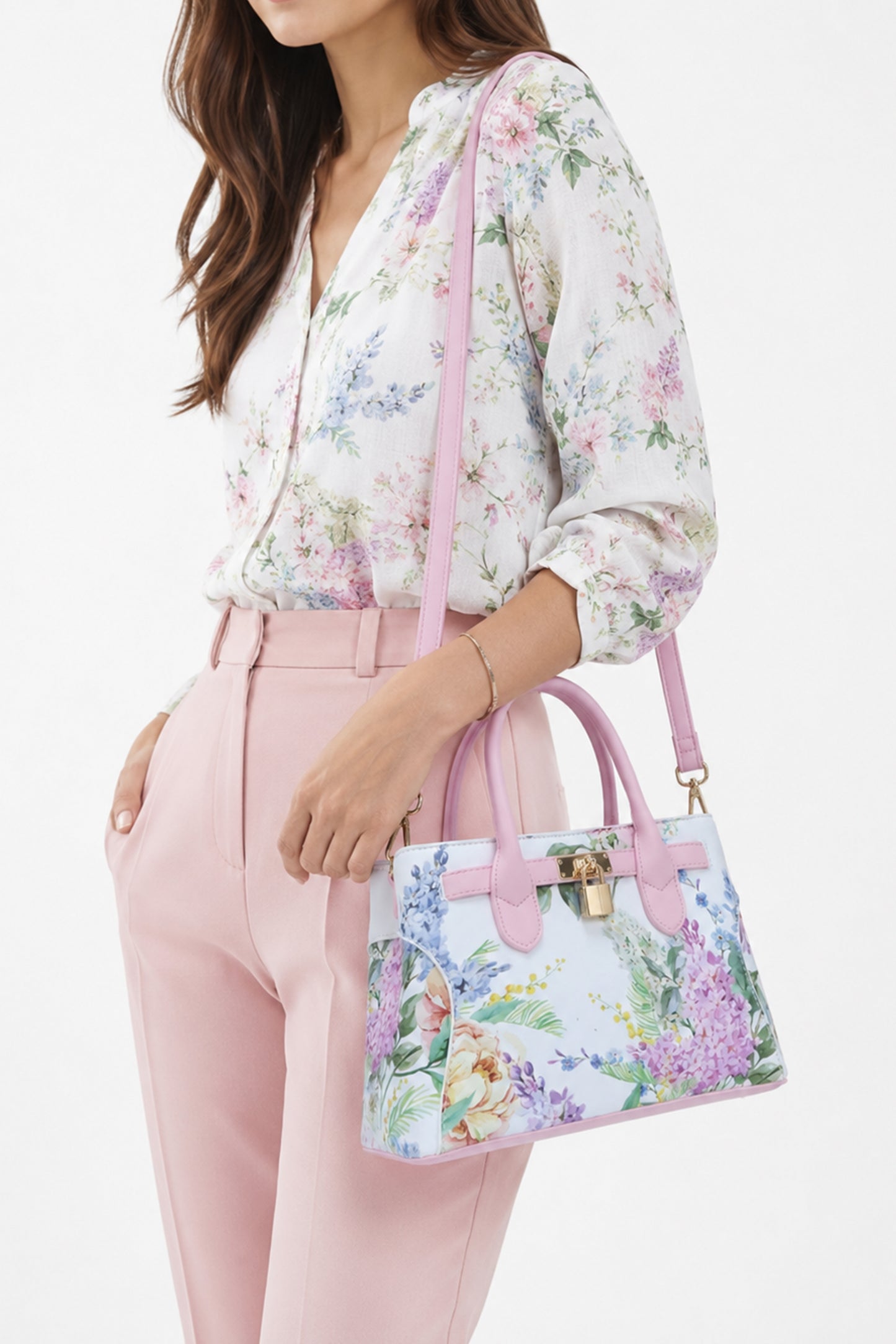 Floral Print Satchel Bag with Top Handles and Strap