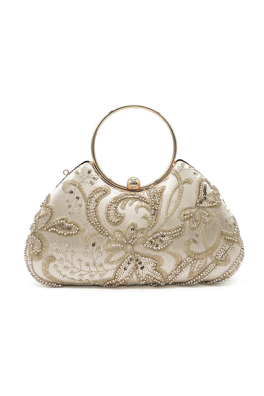 Floral Embellished Clutch Purse with Beading and Chic Round Handle