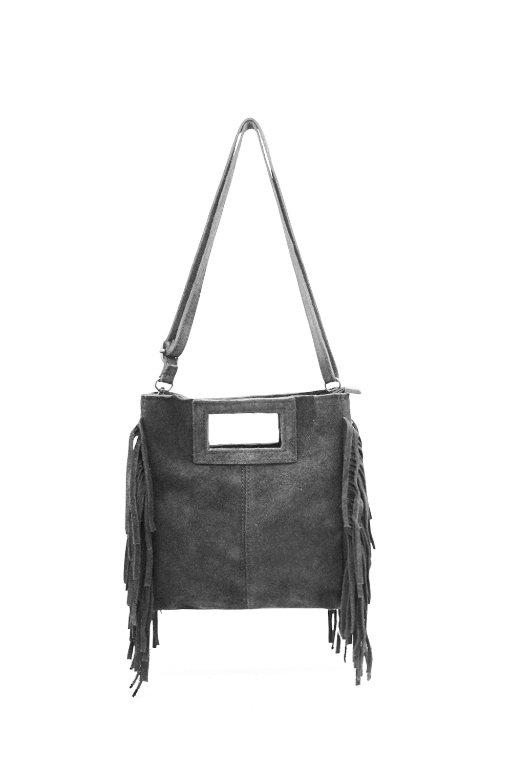 Genuine Italian Suede Crossbody Bag with Boho Fringe Design