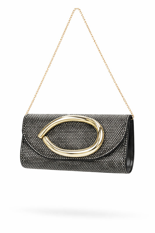 Oval Front Accent Clutch Bag with Rhinestone and Flap Design
