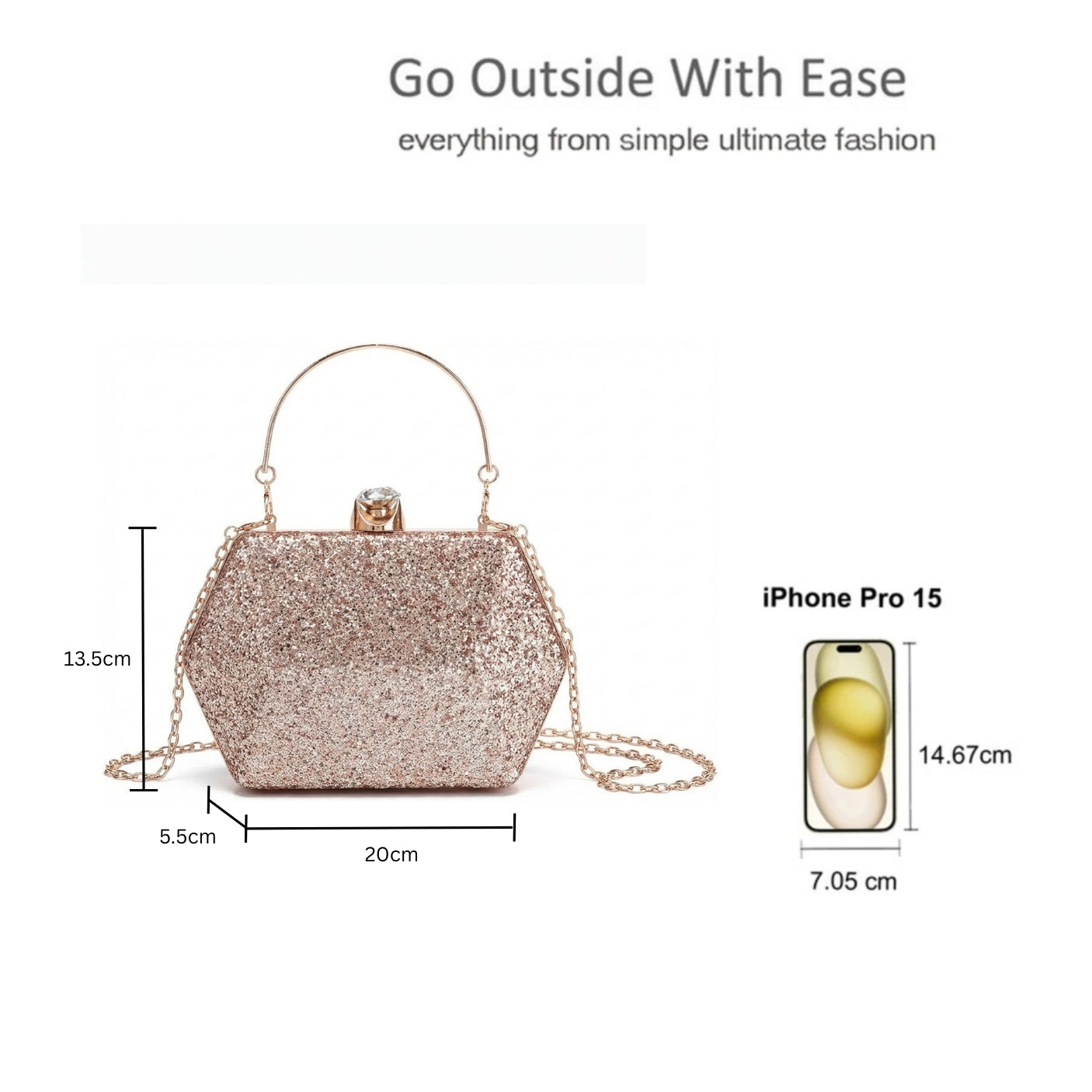 Glitter Evening Clutch Bag with Chain Strap and Crystal Clasp