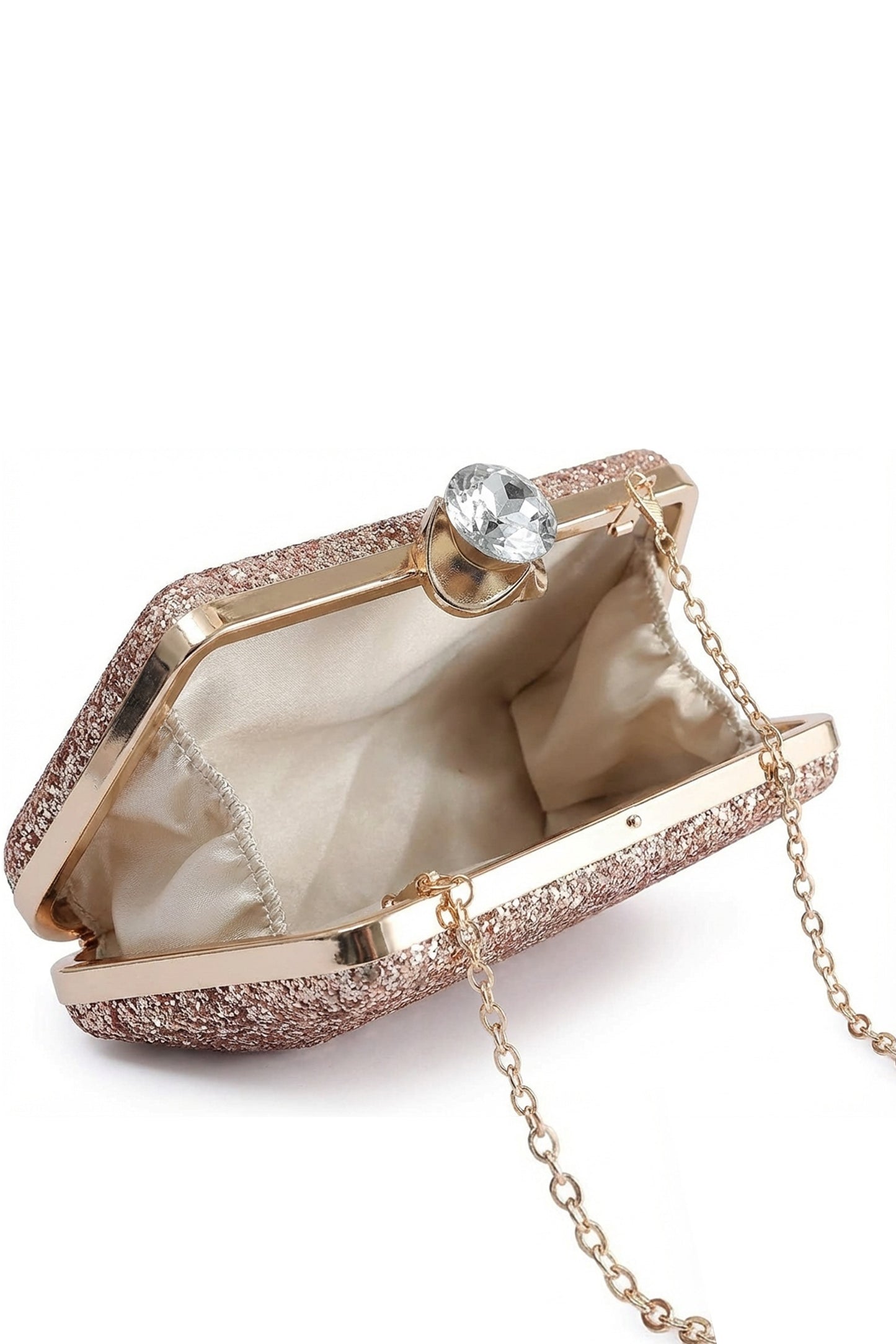 Glitter Evening Clutch Bag with Chain Strap and Crystal Clasp