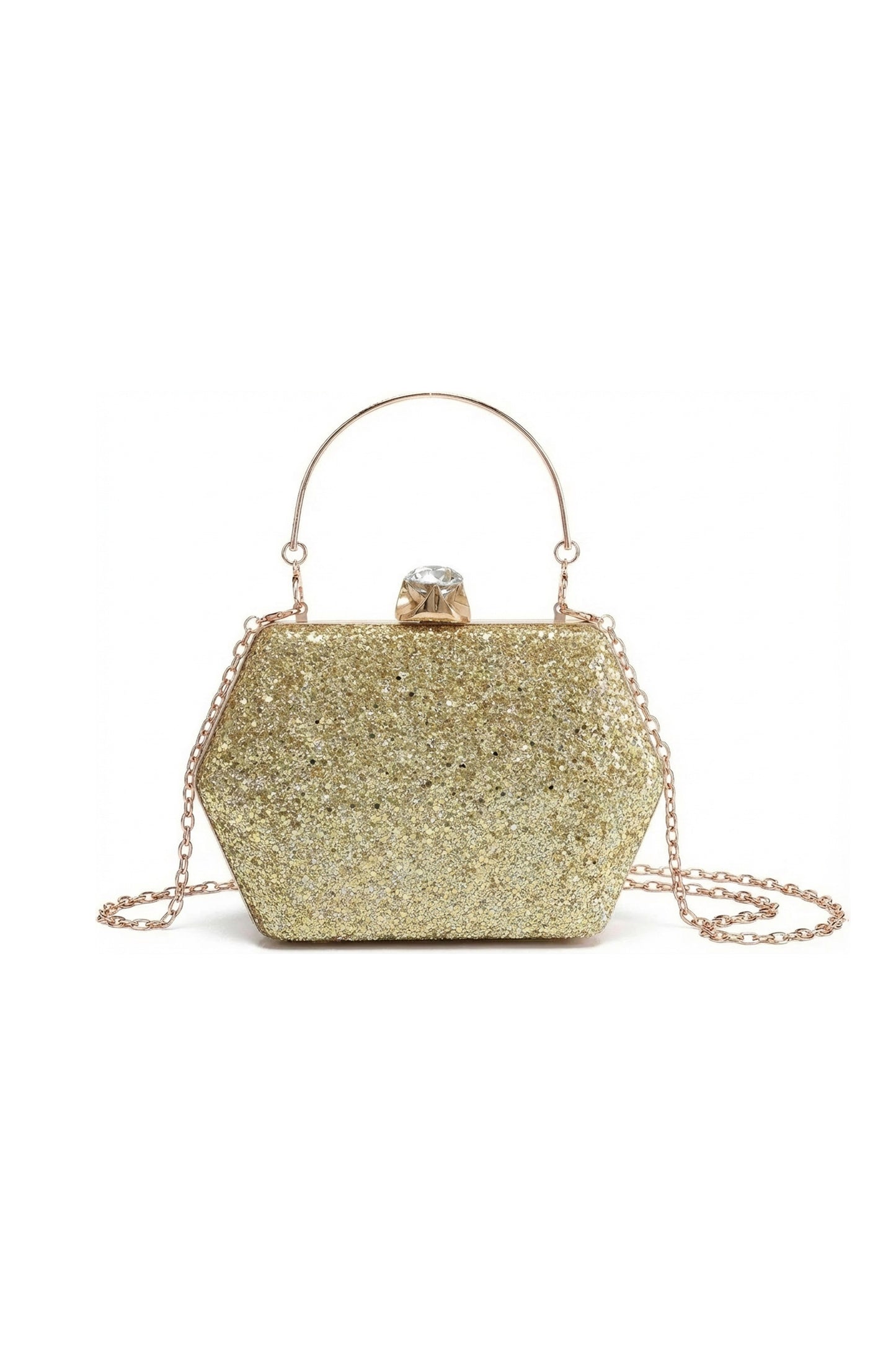 Glitter Evening Clutch Bag with Chain Strap and Crystal Clasp