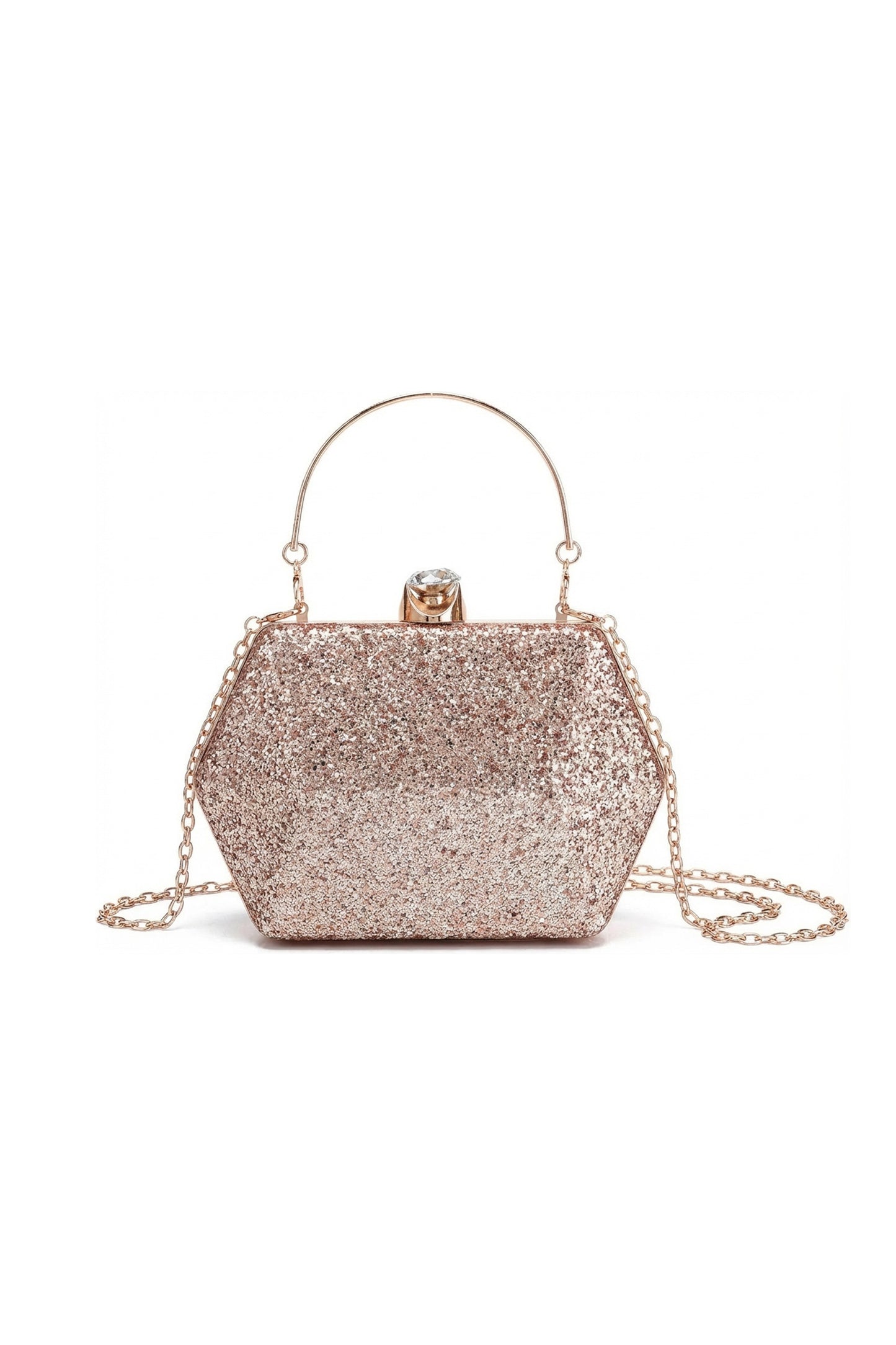 Glitter Evening Clutch Bag with Chain Strap and Crystal Clasp