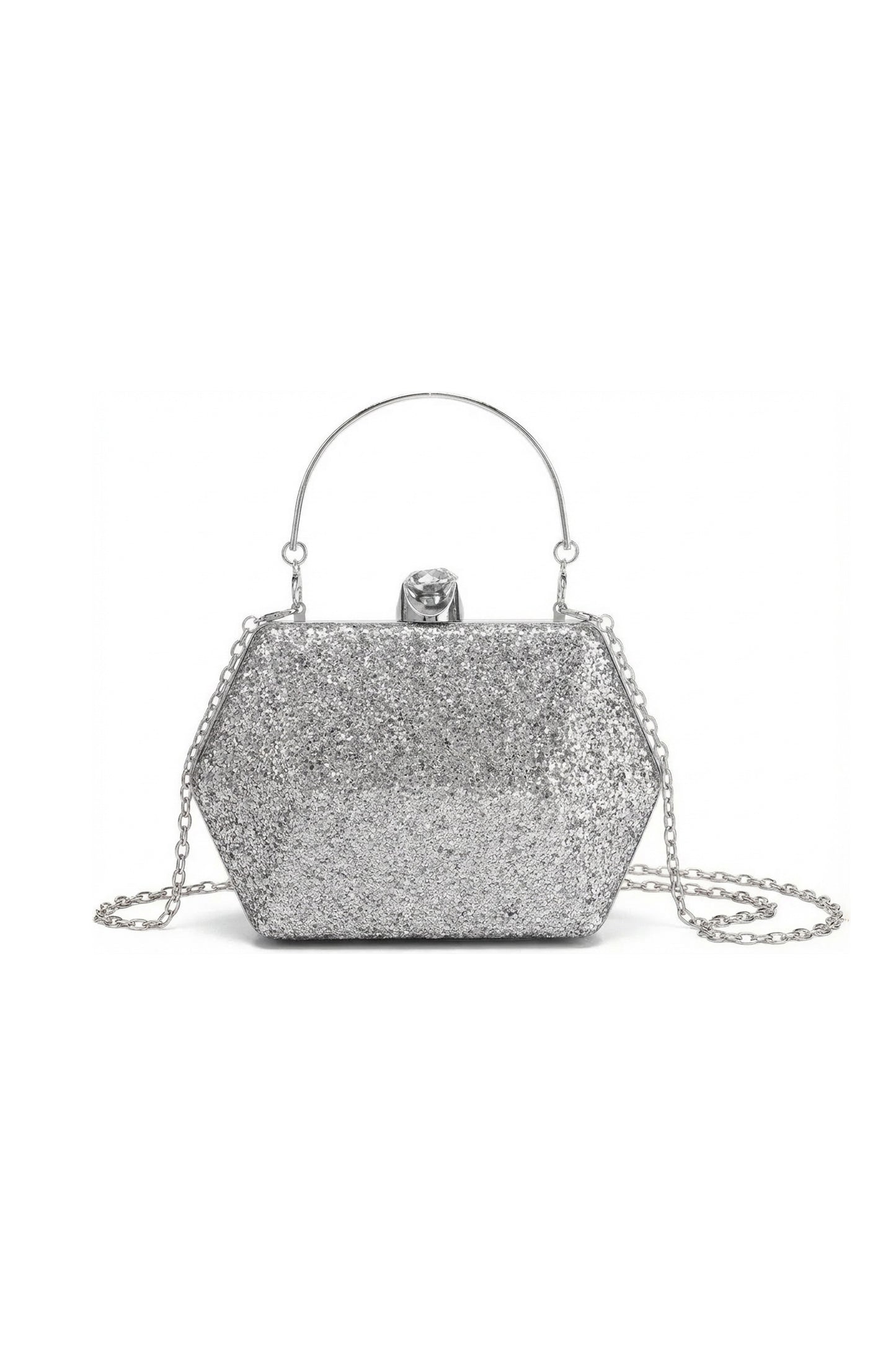 Glitter Evening Clutch Bag with Chain Strap and Crystal Clasp