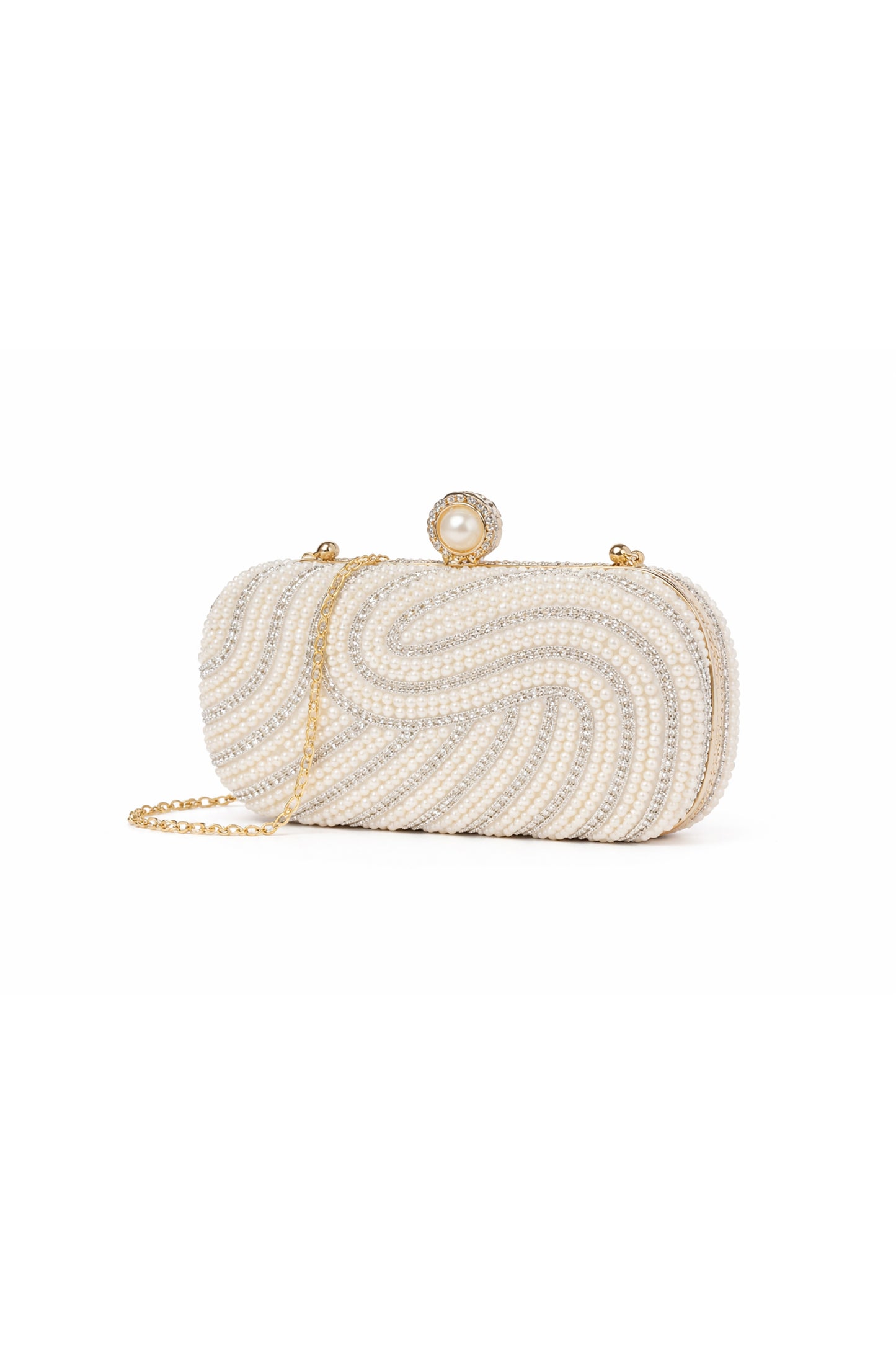 Pearl Beaded Clutch Bag with Swirl Design and Clasp Closure