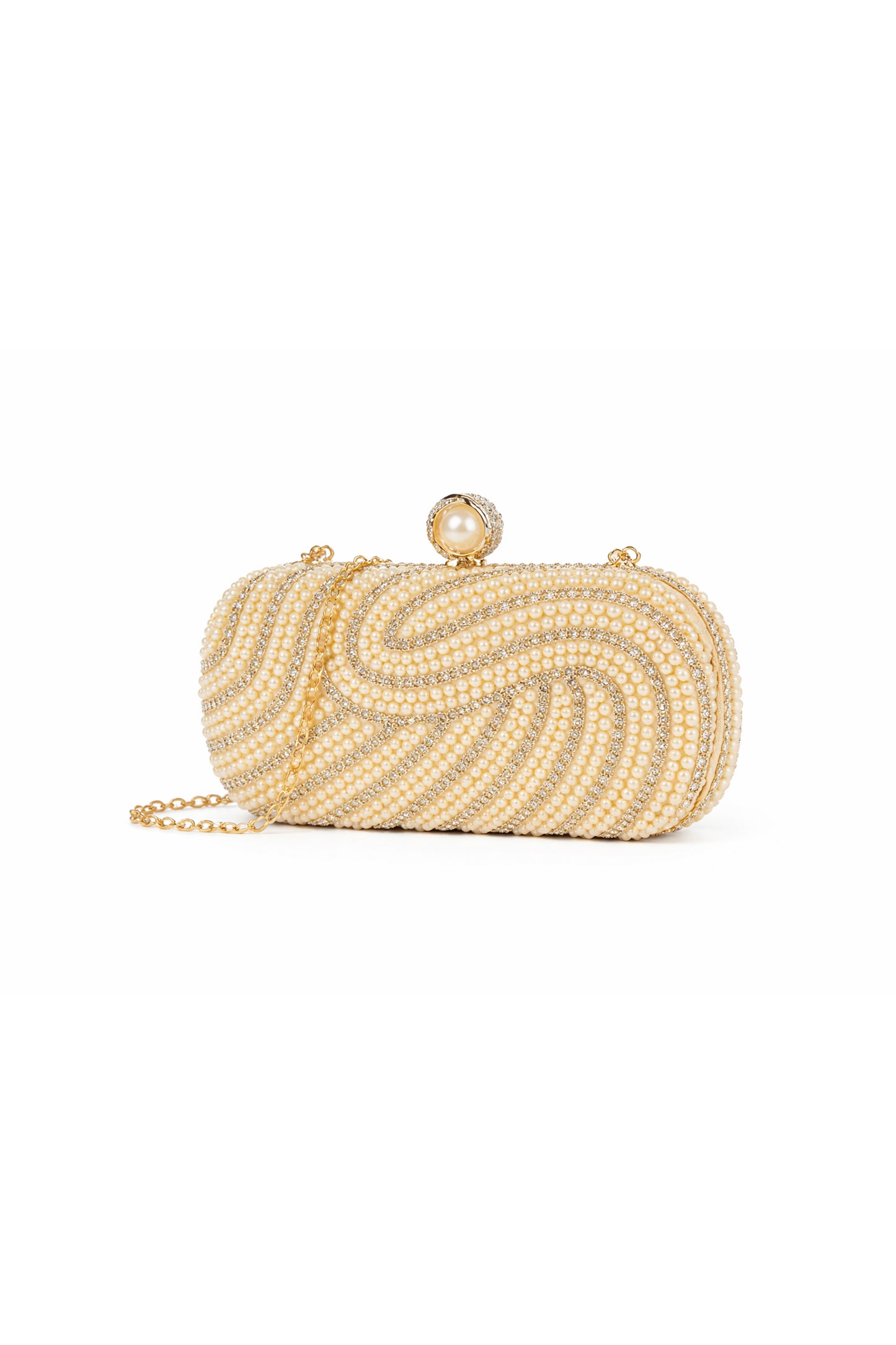 Pearl Beaded Clutch Bag with Swirl Design and Clasp Closure