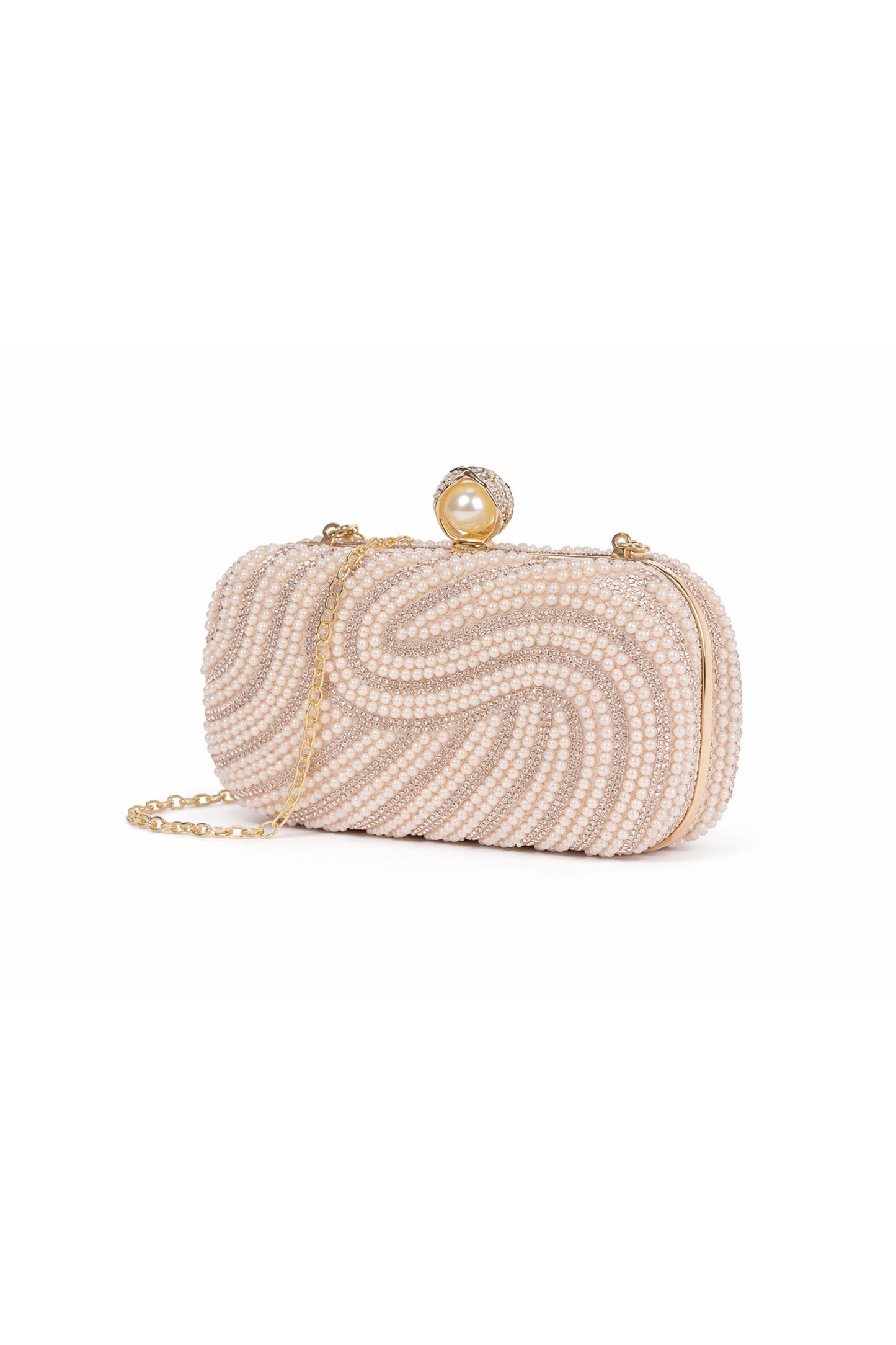 Pearl Beaded Clutch Bag with Swirl Design and Clasp Closure