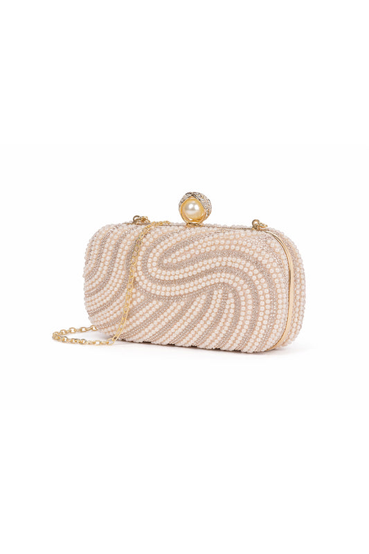 Pearl Beaded Clutch Bag with Swirl Design and Clasp Closure