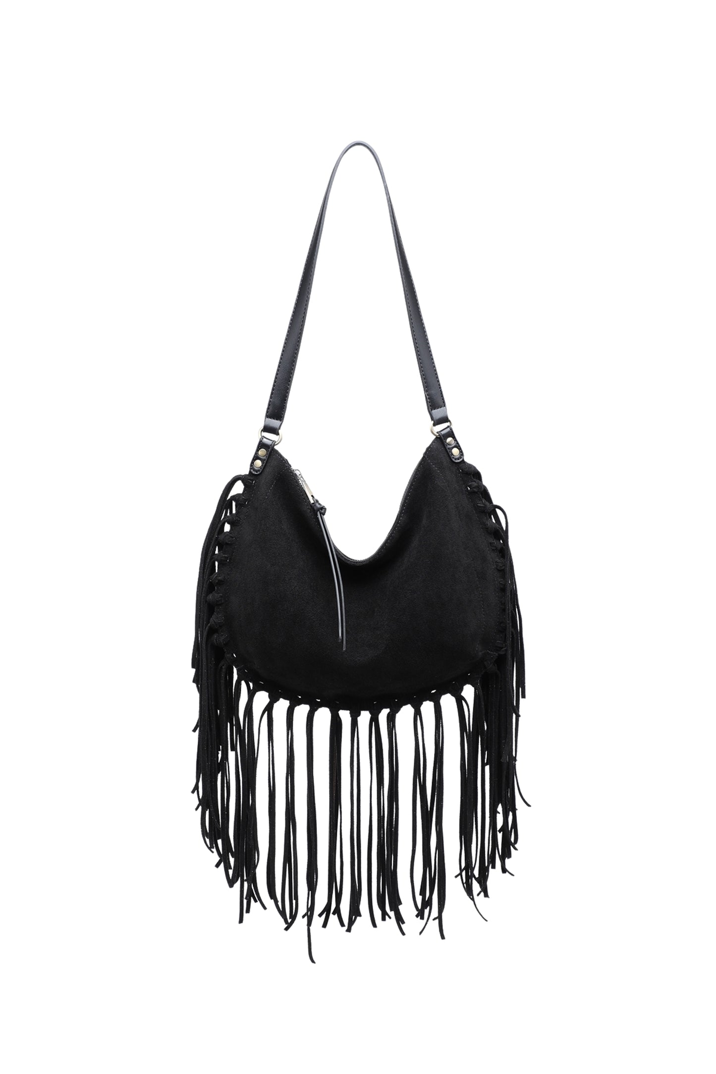 Vegan Suede Fringe Hobo Shoulder Bag with Tassel Detail