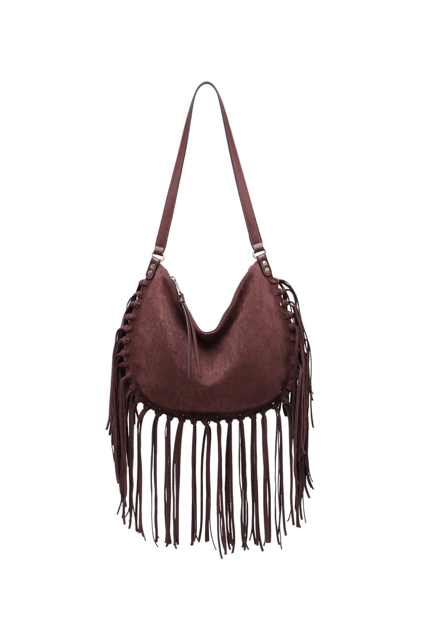 Vegan Suede Fringe Hobo Shoulder Bag with Tassel Detail
