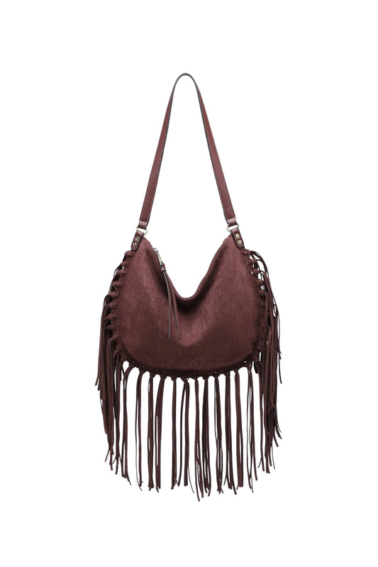 Vegan Suede Fringe Hobo Shoulder Bag with Tassel Detail