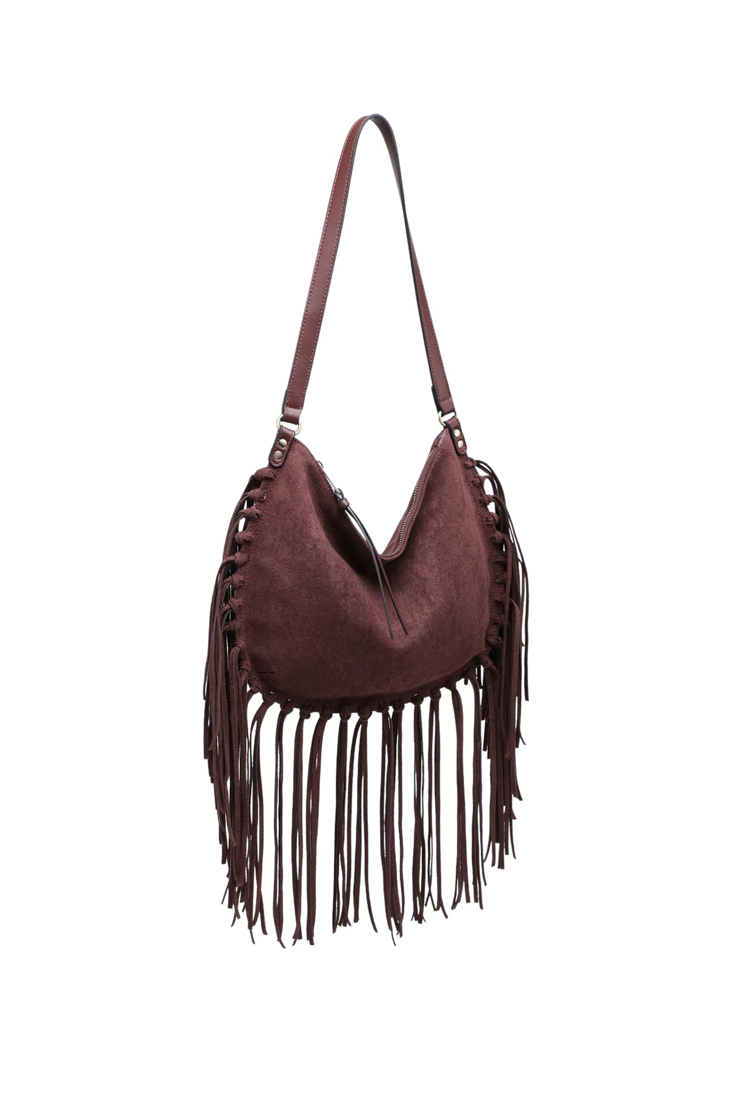 Vegan Suede Fringe Hobo Shoulder Bag with Tassel Detail