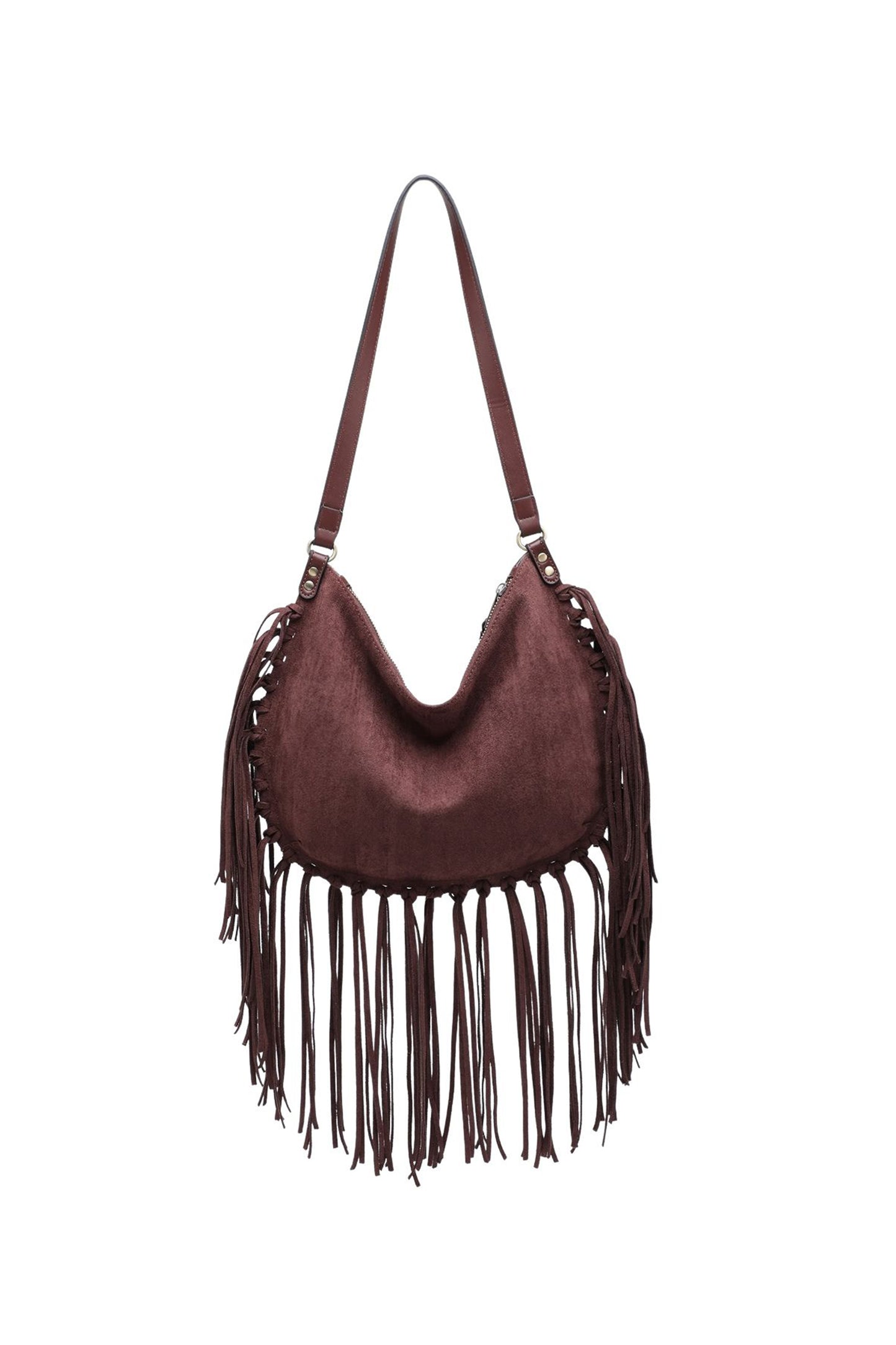 Vegan Suede Fringe Hobo Shoulder Bag with Tassel Detail
