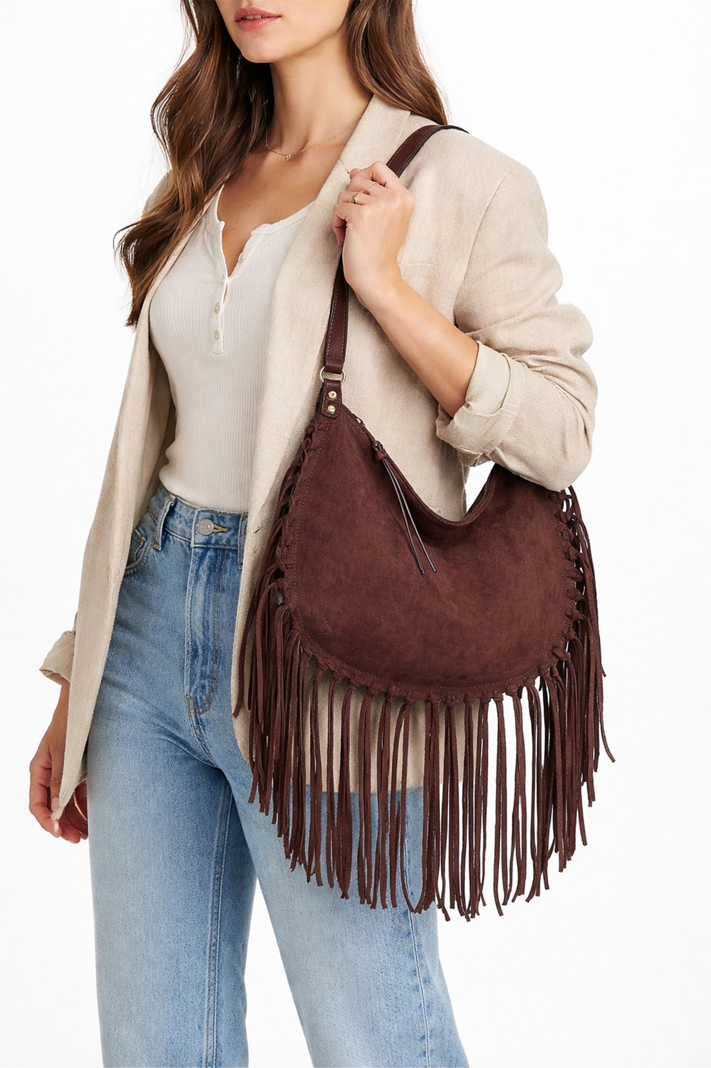 Vegan Suede Fringe Hobo Shoulder Bag with Tassel Detail