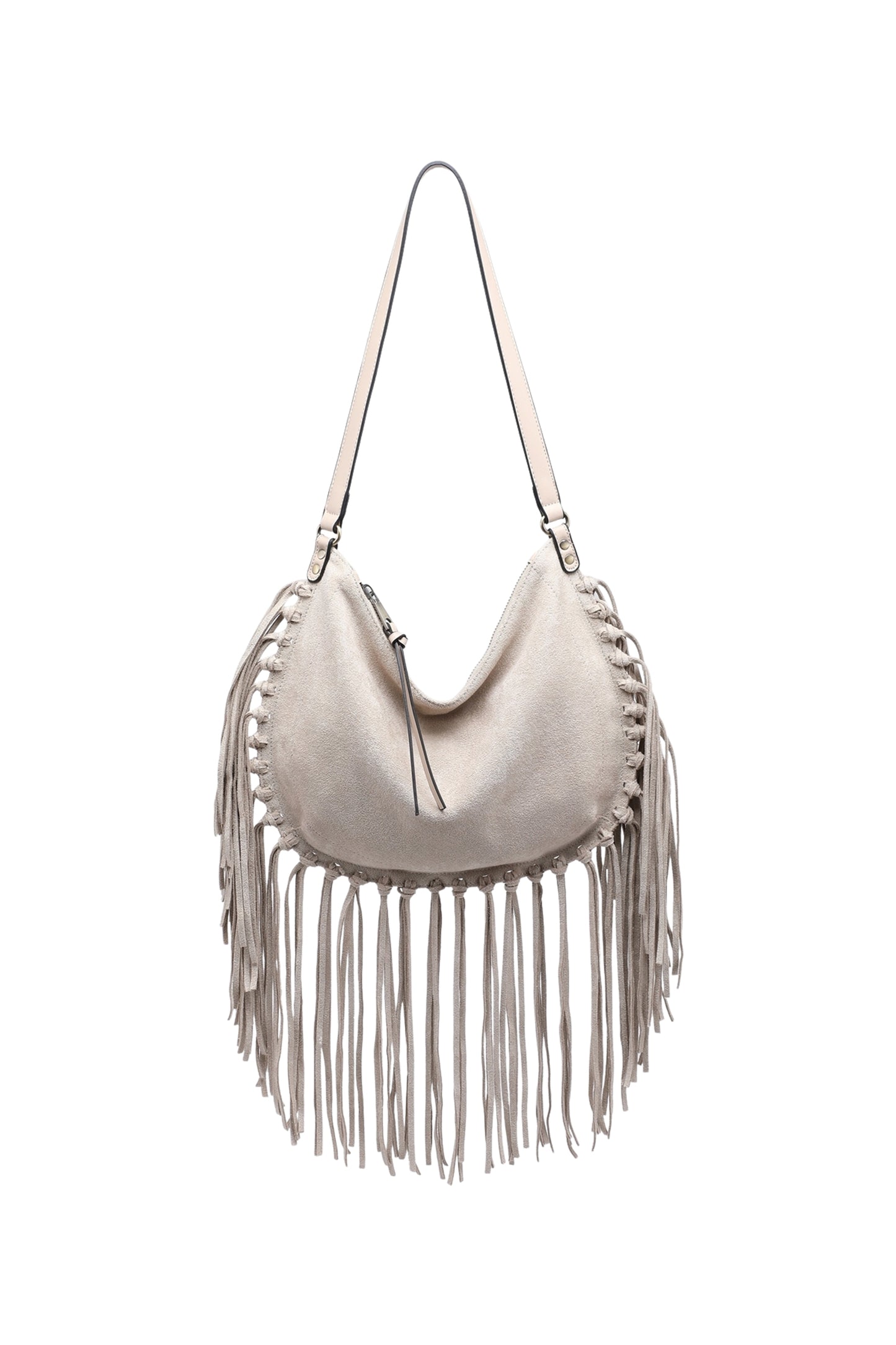 Vegan Suede Fringe Hobo Shoulder Bag with Tassel Detail