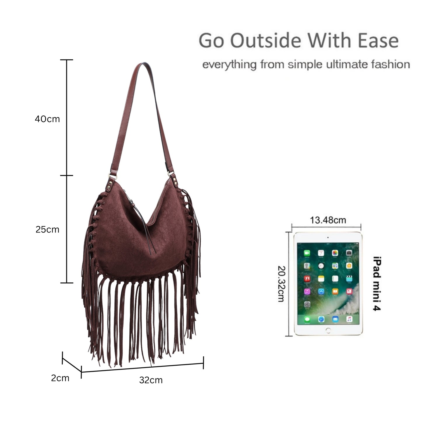 Vegan Suede Fringe Hobo Shoulder Bag with Tassel Detail