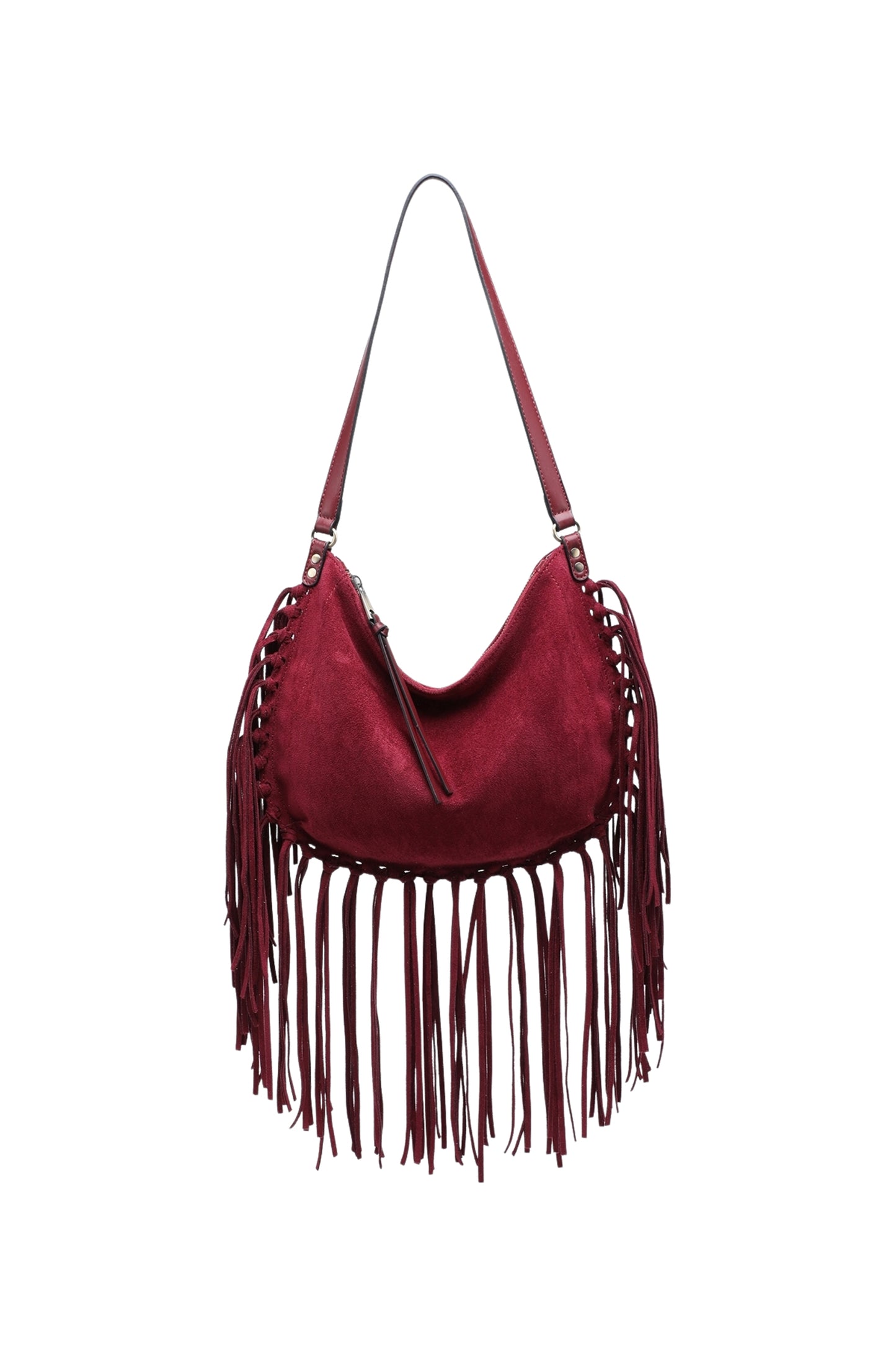 Vegan Suede Fringe Hobo Shoulder Bag with Tassel Detail