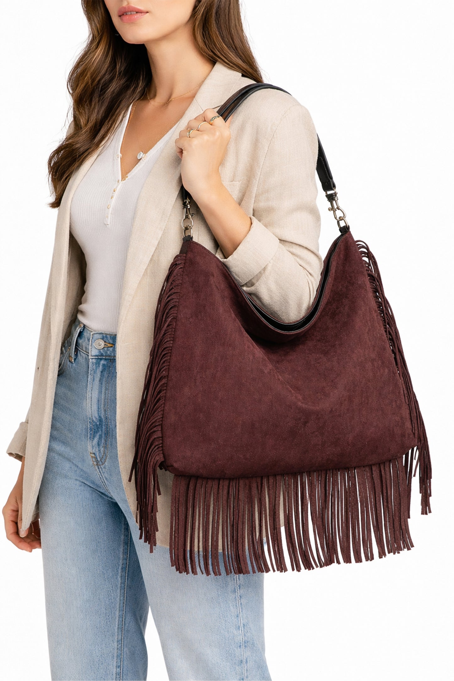 Fringe Hobo Shoulder Bag with Relaxed Slouchy Fit
