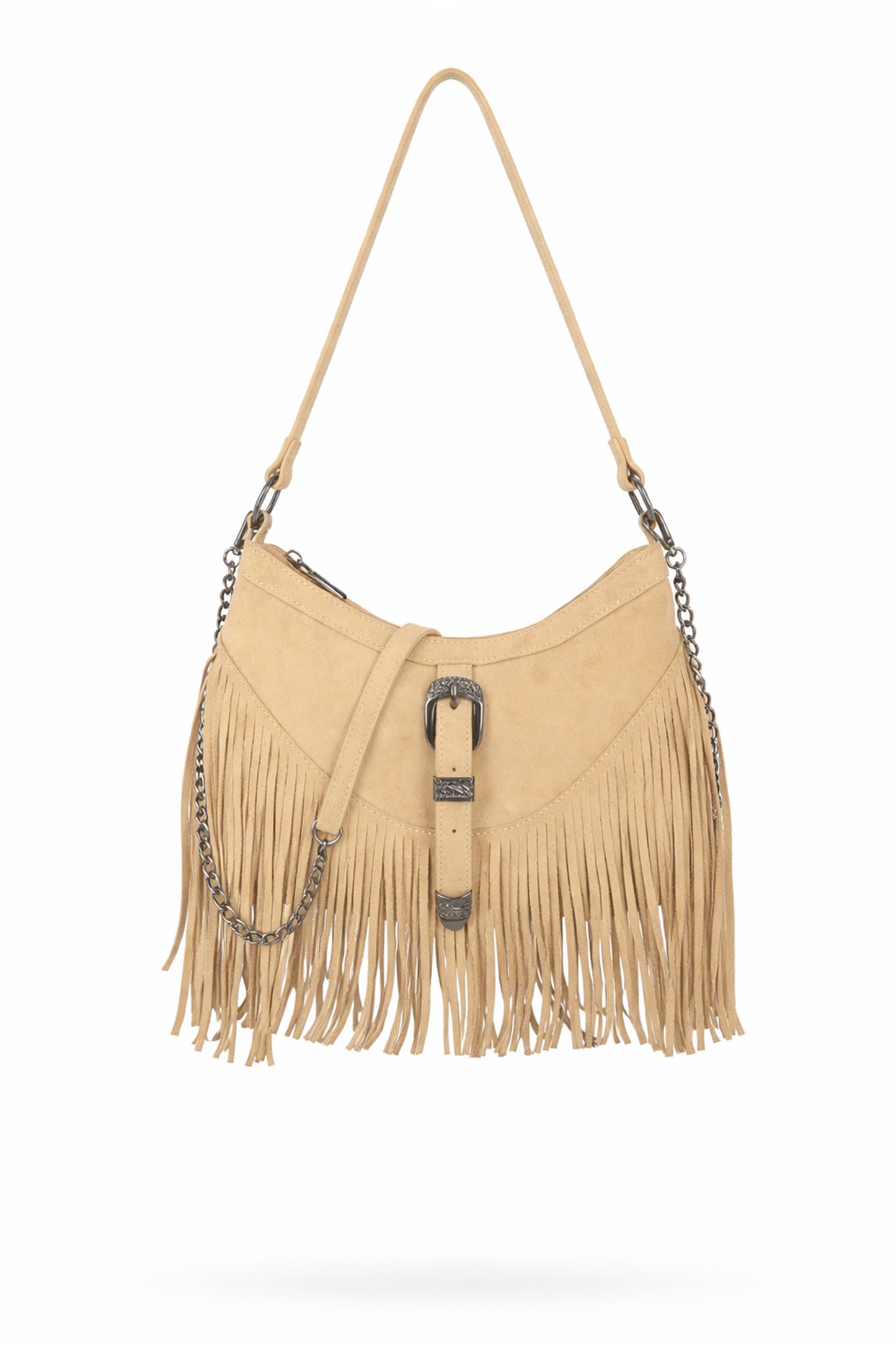 Fringe Shoulder Bag with Buckle Front Detail and Zip Closure
