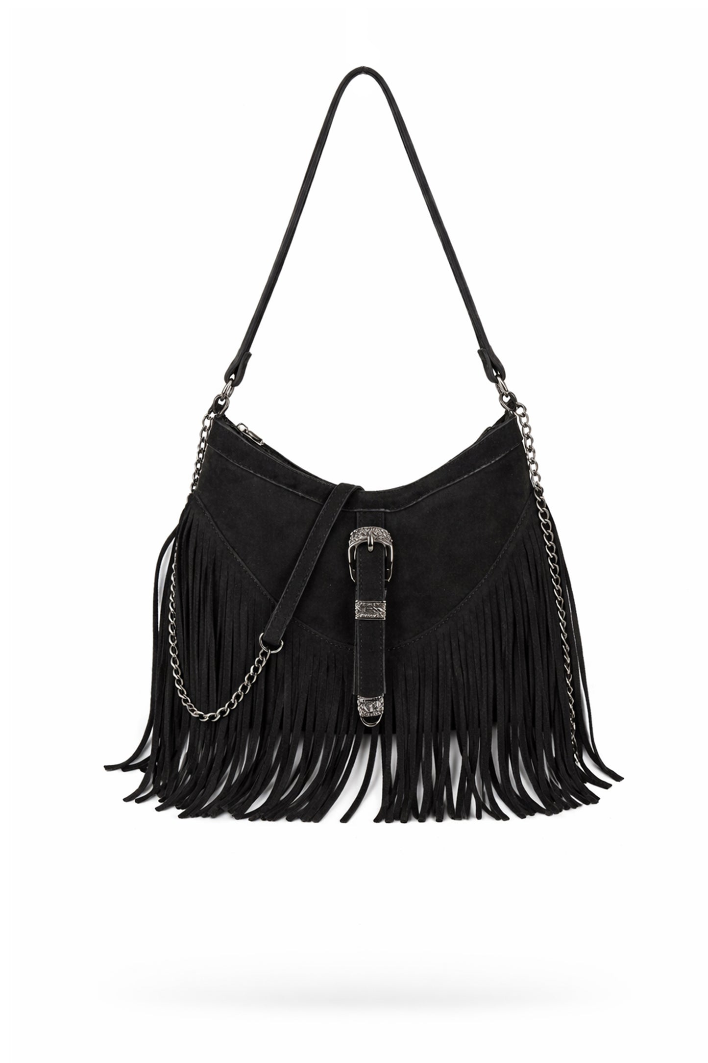 Fringe Shoulder Bag with Buckle Front Detail and Zip Closure