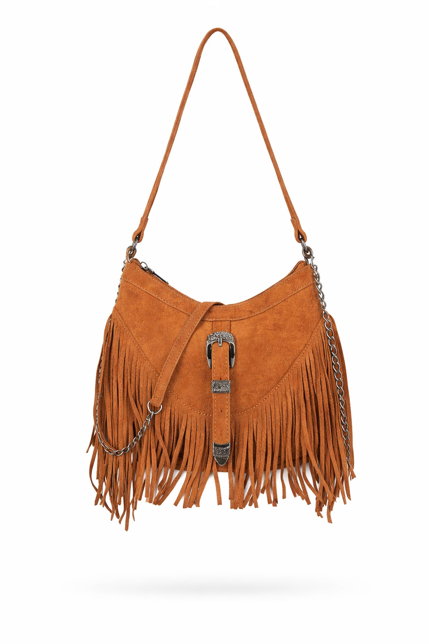 Fringe Shoulder Bag with Buckle Front Detail and Zip Closure