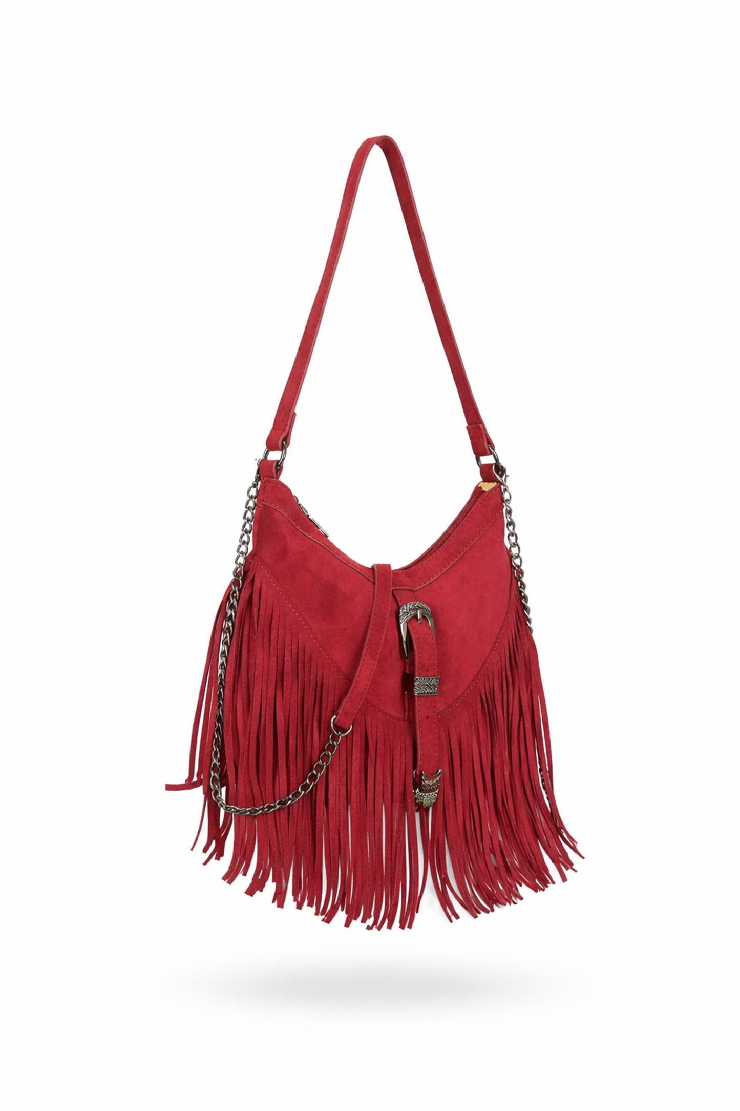 Fringe Shoulder Bag with Buckle Front Detail and Zip Closure