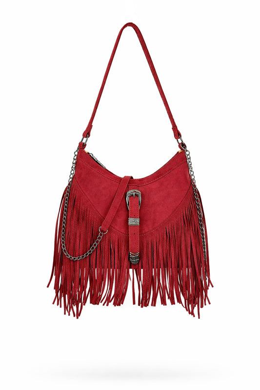 Fringe Shoulder Bag with Buckle Front Detail and Zip Closure