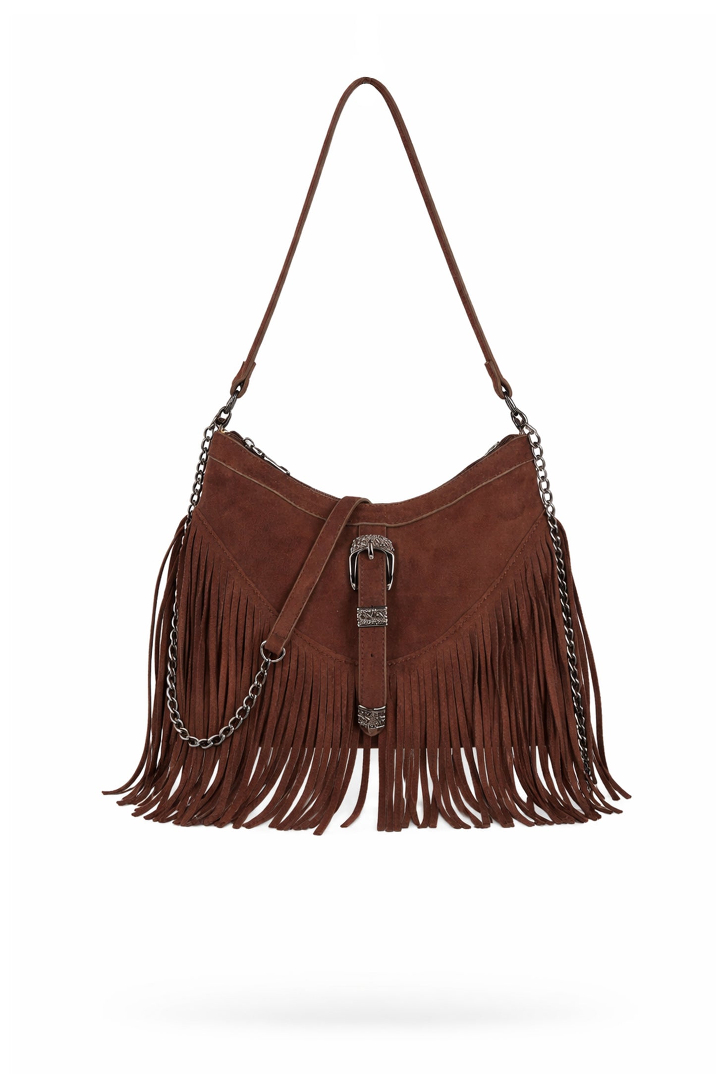 Fringe Shoulder Bag with Buckle Front Detail and Zip Closure