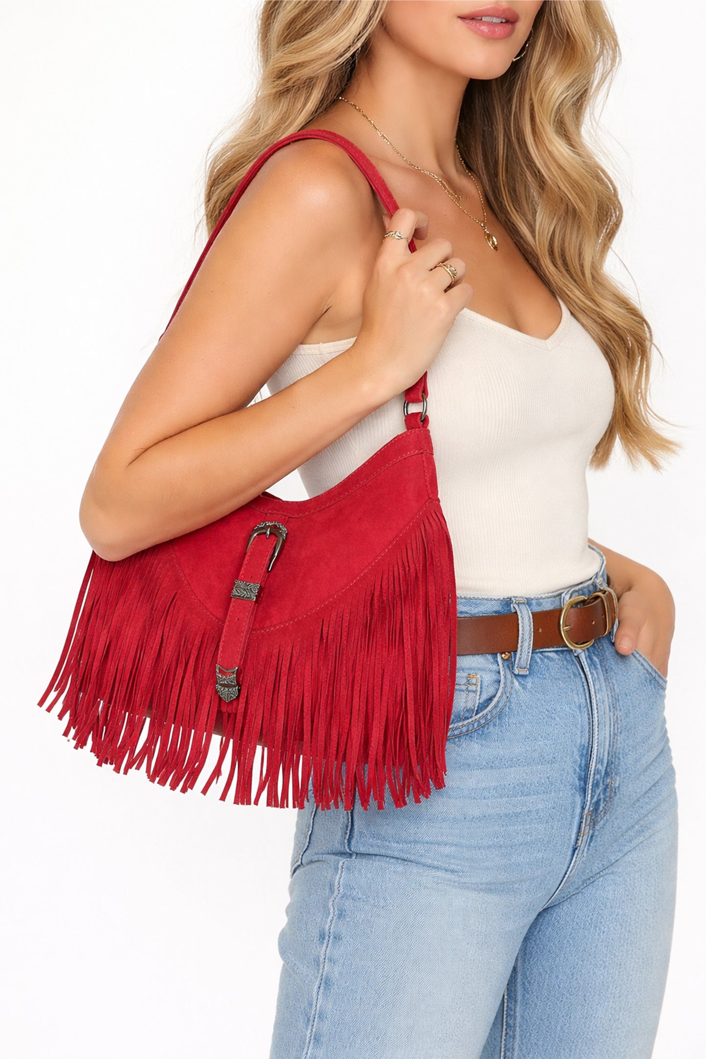 Fringe Shoulder Bag with Buckle Front Detail and Zip Closure