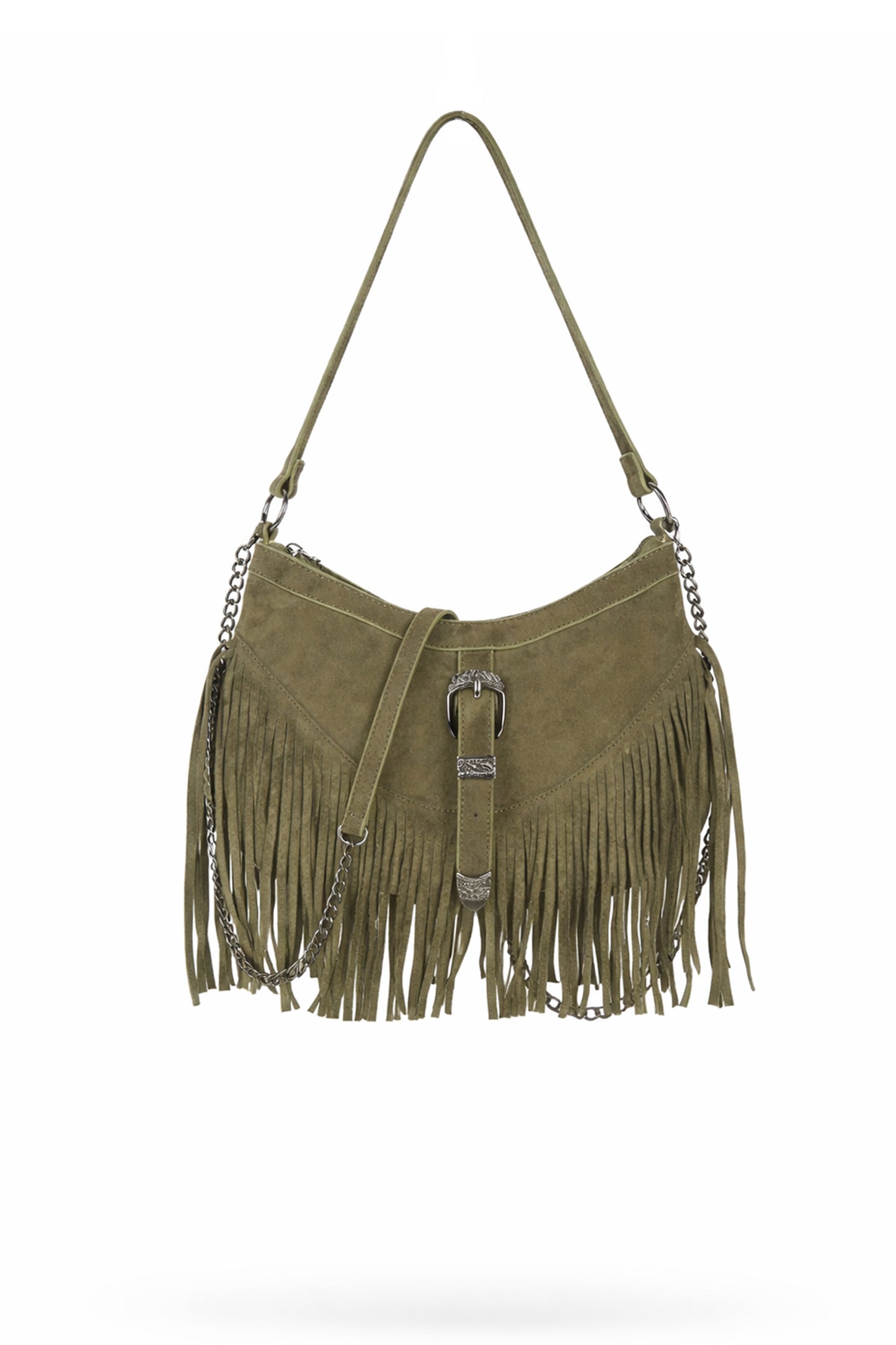 Fringe Shoulder Bag with Buckle Front Detail and Zip Closure