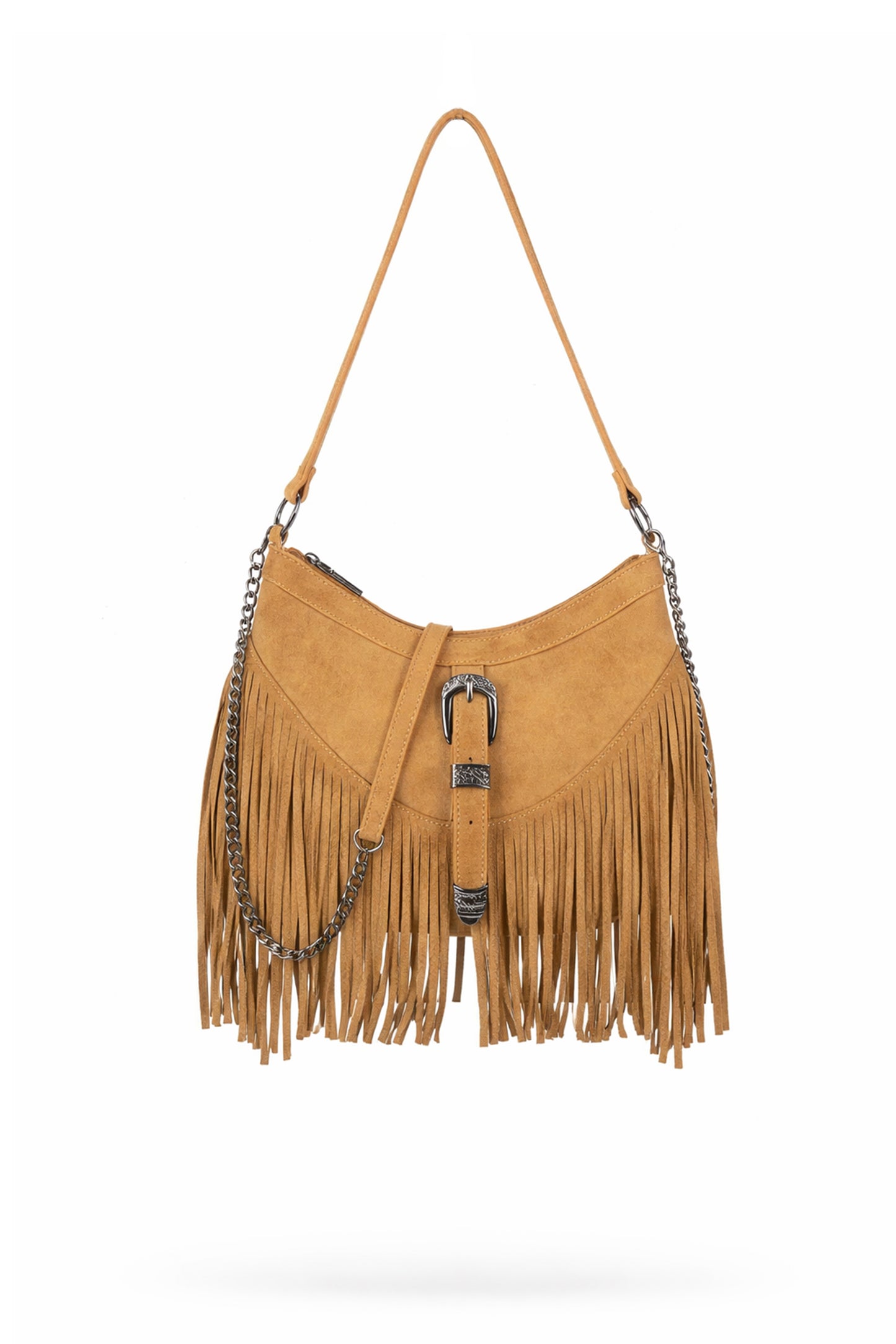 Fringe Shoulder Bag with Buckle Front Detail and Zip Closure